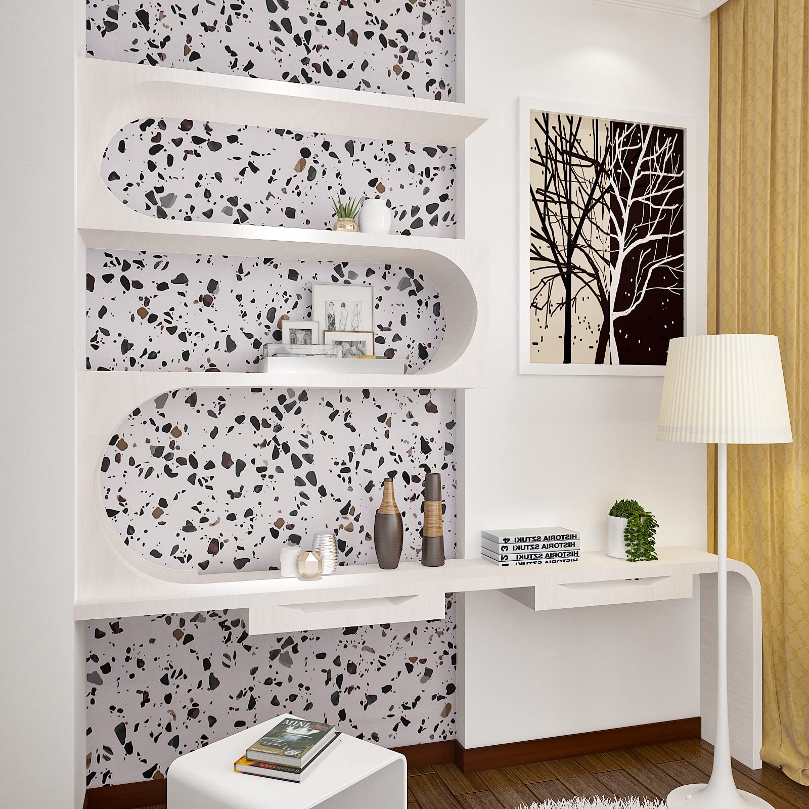 VEELIKE Papel Pintado Granito Blanco 60 cm x 900 cm Papel de Pared Terrazzo Papel Adhesivo Marmol Blanco Papel Tapiz Impermeable para Cocina Encimera Papel Autoadhesivo Pared Lavable Baño Salon Decor