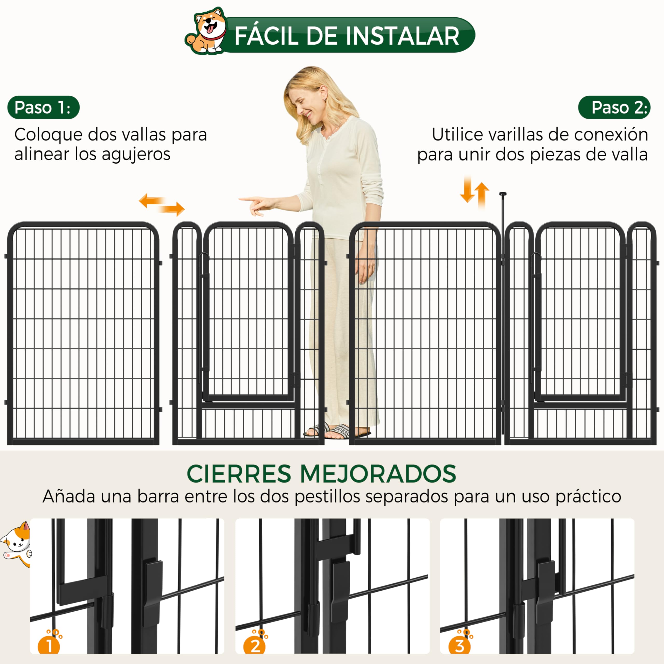 Yaheetech Parque para Perros 8 Paneles de 100 cm de Altura Barras de Conexión con Cabeza Redonda con un Único Pestillo Integrado Corralito para Perros Plegable para Casa y Jardín
