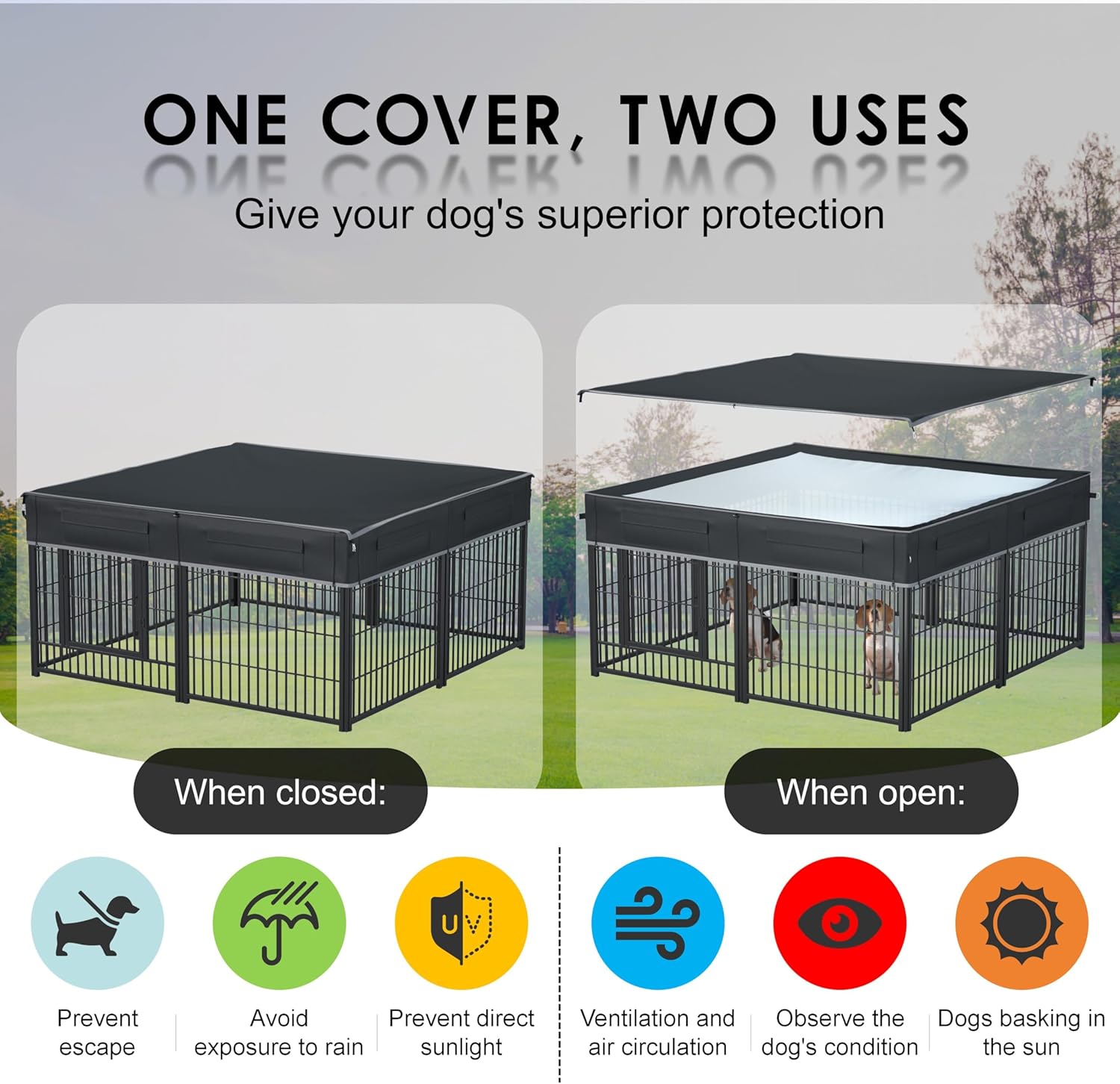 Dog Playpen Cover (with Sunshade), Heavy Duty 1680D Oxford Fabric + Nylon Breathable Mesh (Fits 32" H/40 H/45 H 8 Panels Playpen)