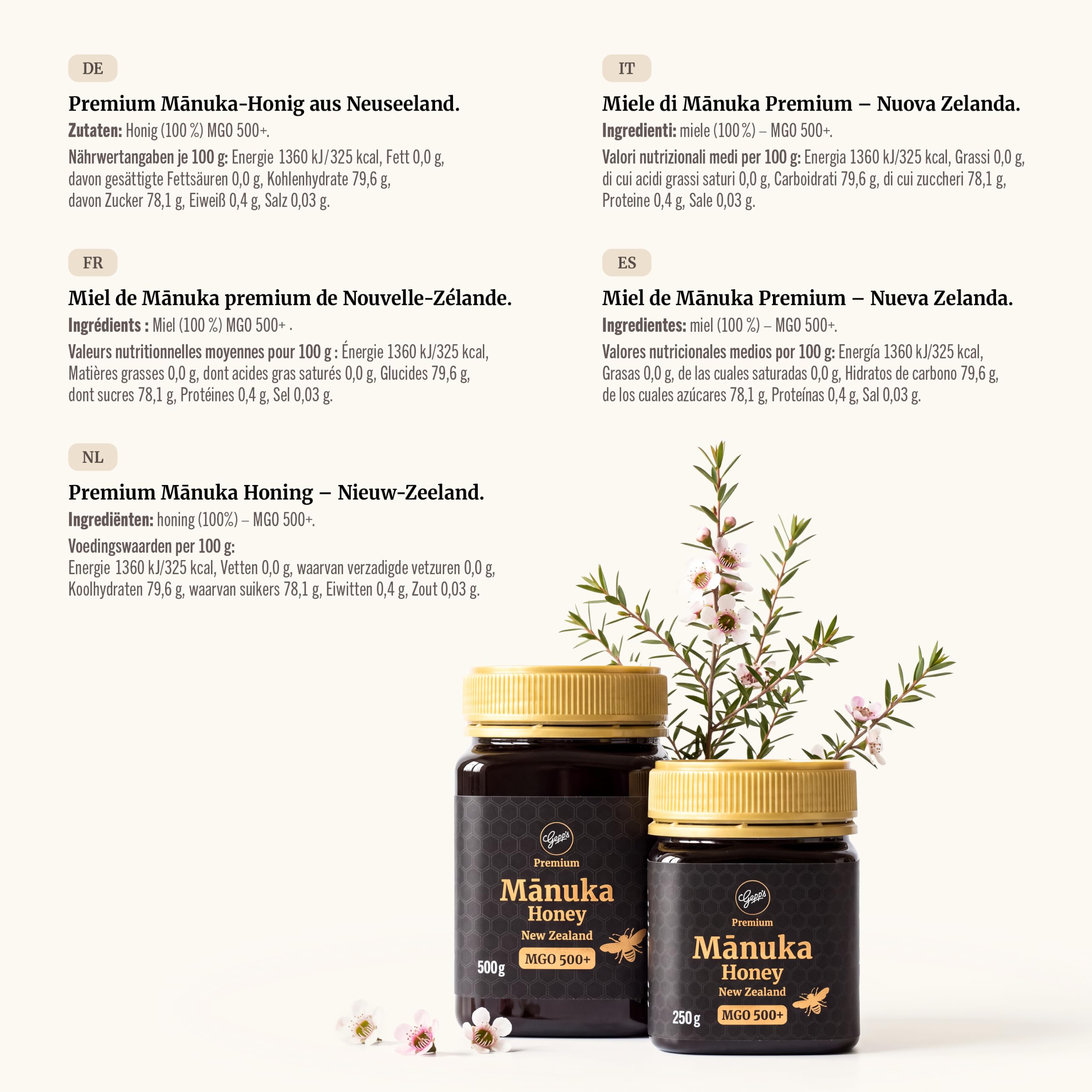 Miel de Manuka de Gepp's Feinkost, 500g I Alta pureza I 500+ MGO