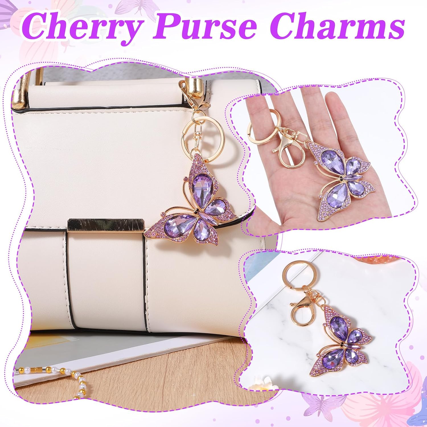 Ouligay Butterfly Purse Charm for Women Cute Key Chain with Diamond Butterfly Pendant, Lovely Charms for Handbags, Backpack Keychain Charm for Bag Accessories, Purple - Image 6