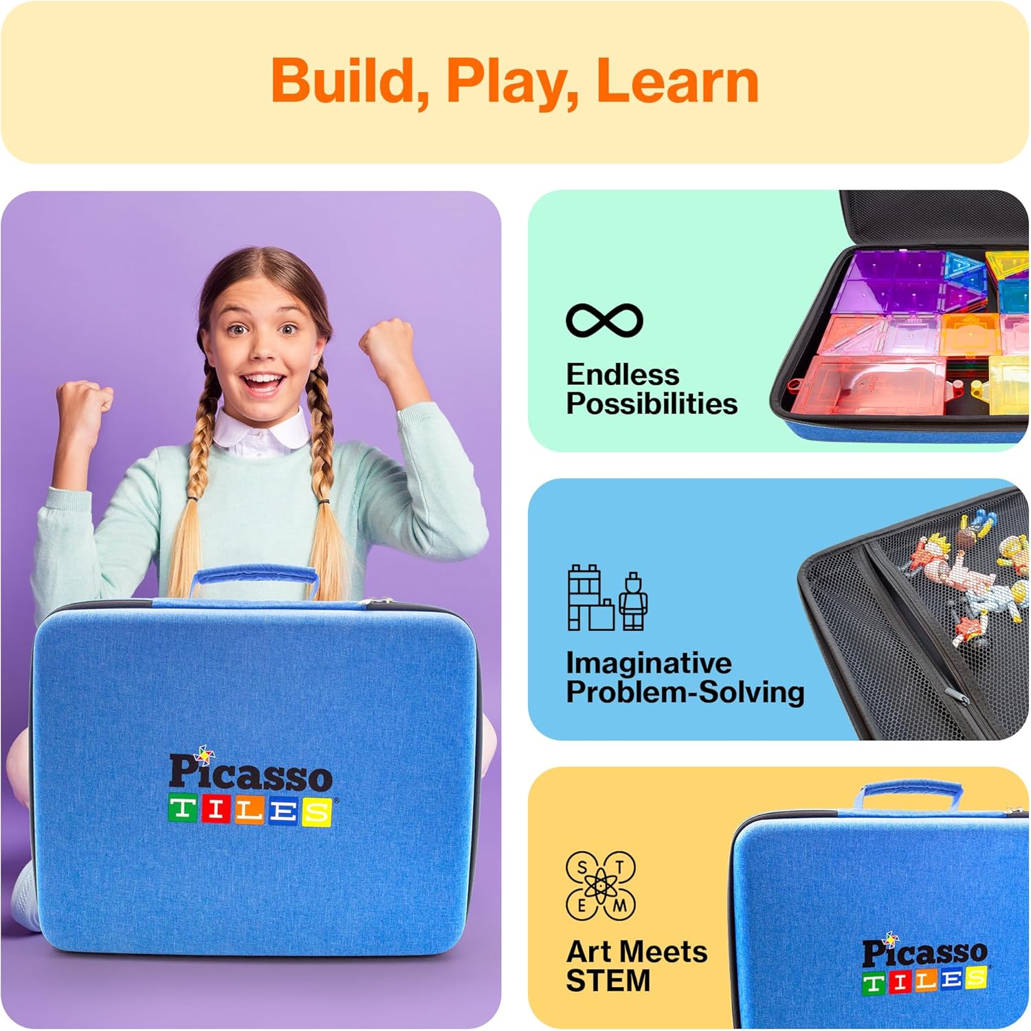 PicassoTiles Toy Carry Case Storage Box Organizer Portable Travel Bag in Water Resistant Oxford Cloth for Kids Magnetic Tiles STEM Construction Block Sets Accessories Character Action Figures PTA101