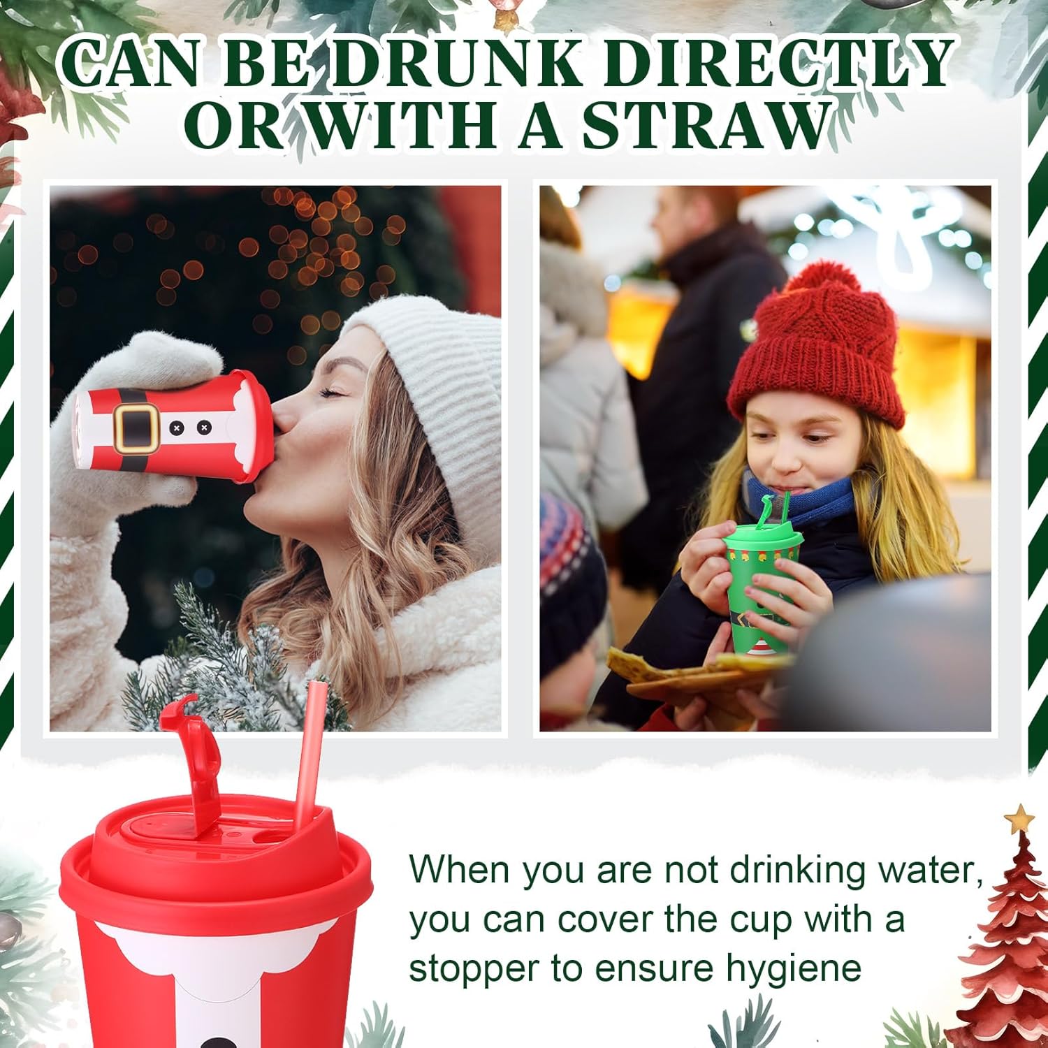 50 Pcs 16 oz Christmas Cups with Lids and Straws, Christmas Party Favors Supplies, Santa Elf Belt Pattern Plastic Christmass Party Cups for Xmas Winter Holiday White Elephant Party Decorations