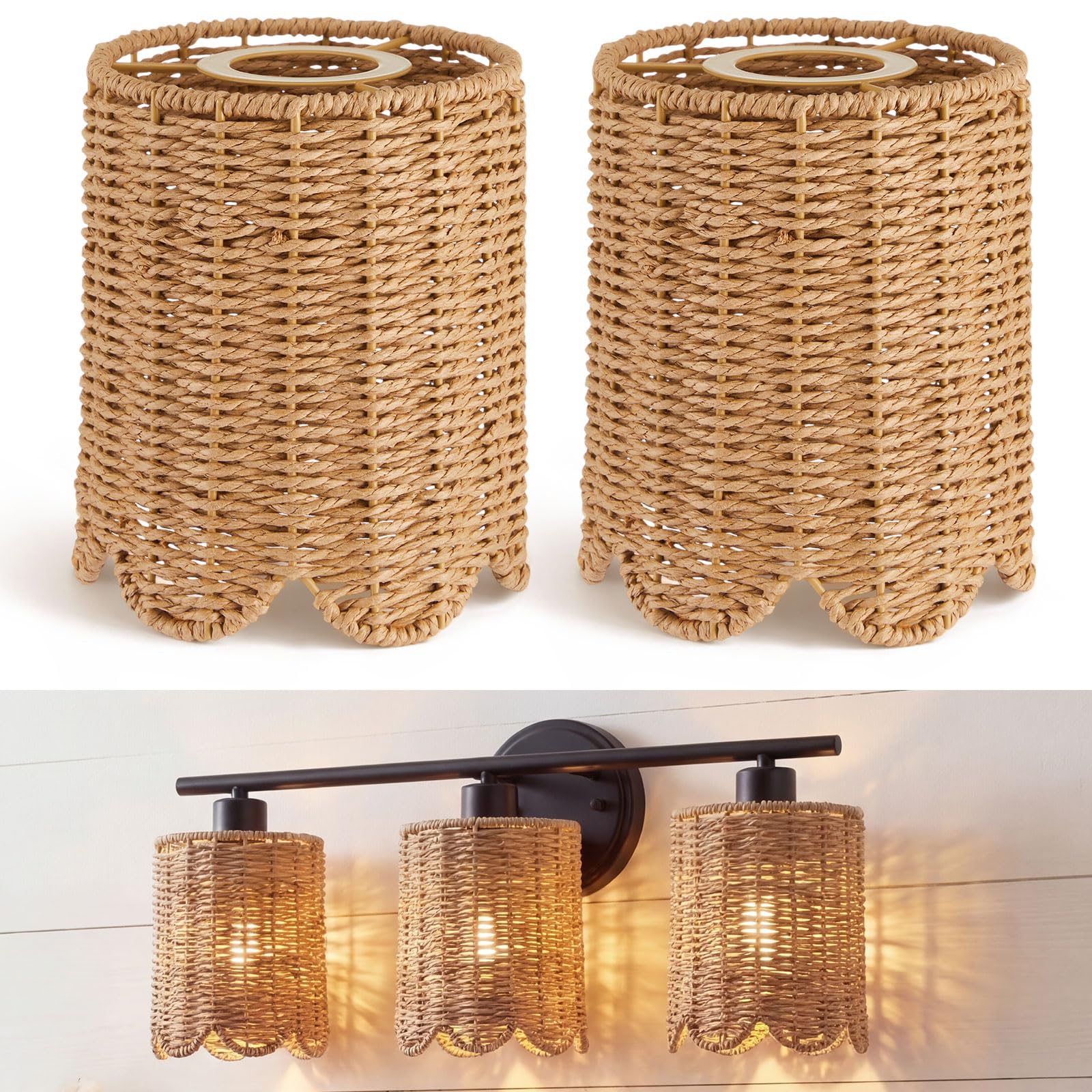 Photo 1 of Glooglitter 2 Pcs Rattan Lamp Shade Small Scalloped Lampshade with E14 Adapter Ring Drum Lamp Shade E26 E27 5.9 x 4.8 in Lampshade Light Cover Chandelier Floor(Woven,Natural,Paper Rope)