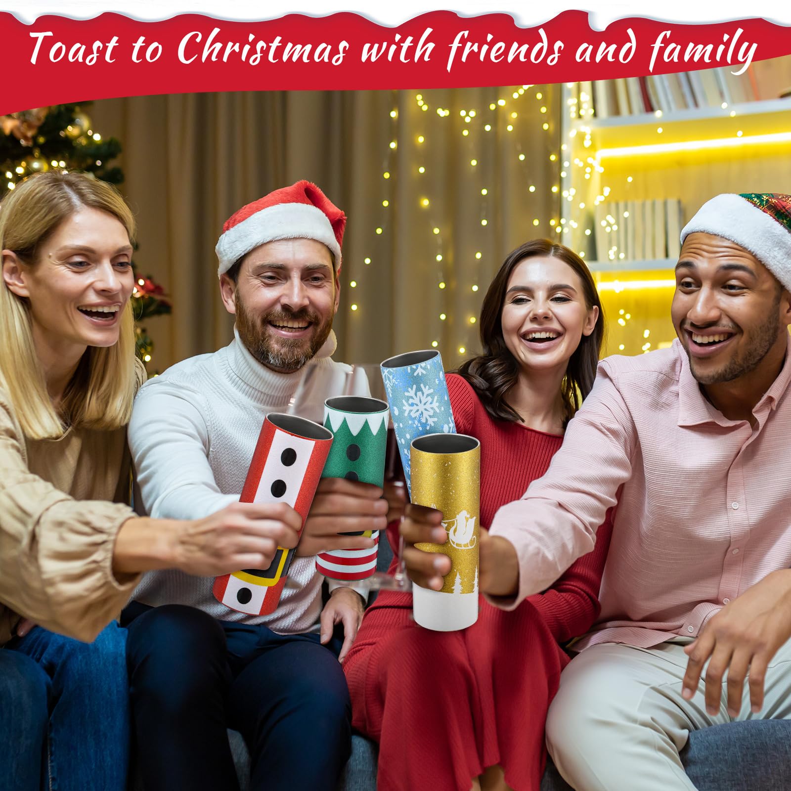 Sliner 6 Stück 590 ml Weihnachtsbecher gerade Edelstahl Skinny Tumbler Bulk Shiny Glitter Cup mit Deckel Strohhalme und Bürsten für Weihnachtsgeschenk Freunde Familie Kinder