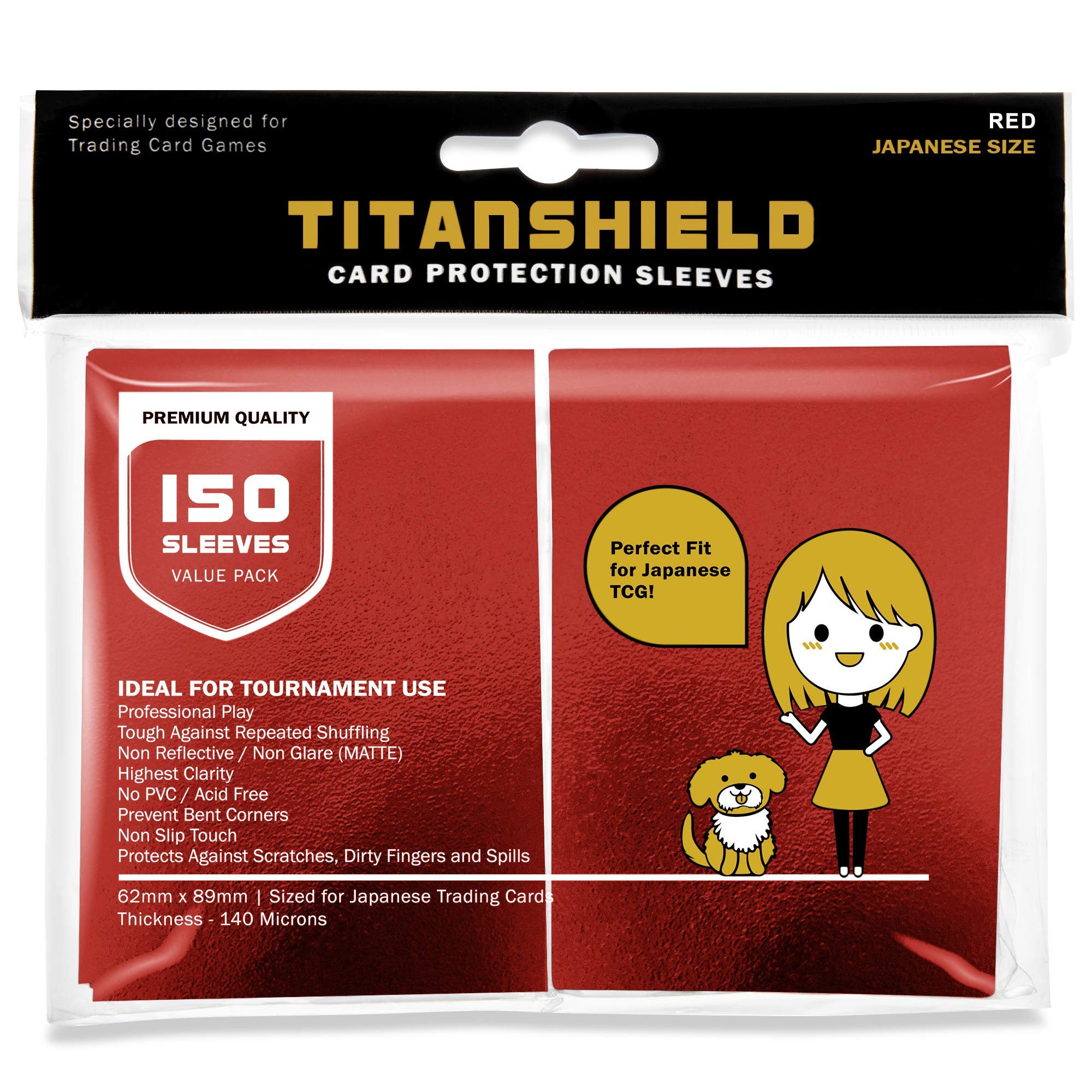 TitanShield (150 Sleeve/Red) Small Japanese Sized Trading Card Sleeves Deck Protector for Yu-Gi-Oh, Cardfight!! Vanguard & More