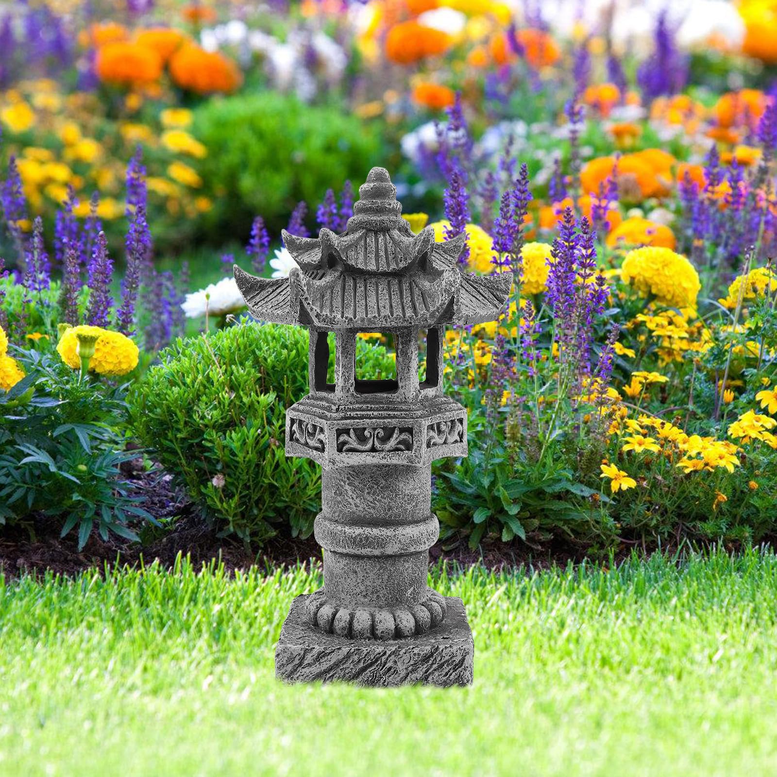 SEWACC Estatua de Jardín Asiática de Resina Diseño Elegante y Resistente Intemperie, Pagoda para Césped y Decoración de Jardín Exterior