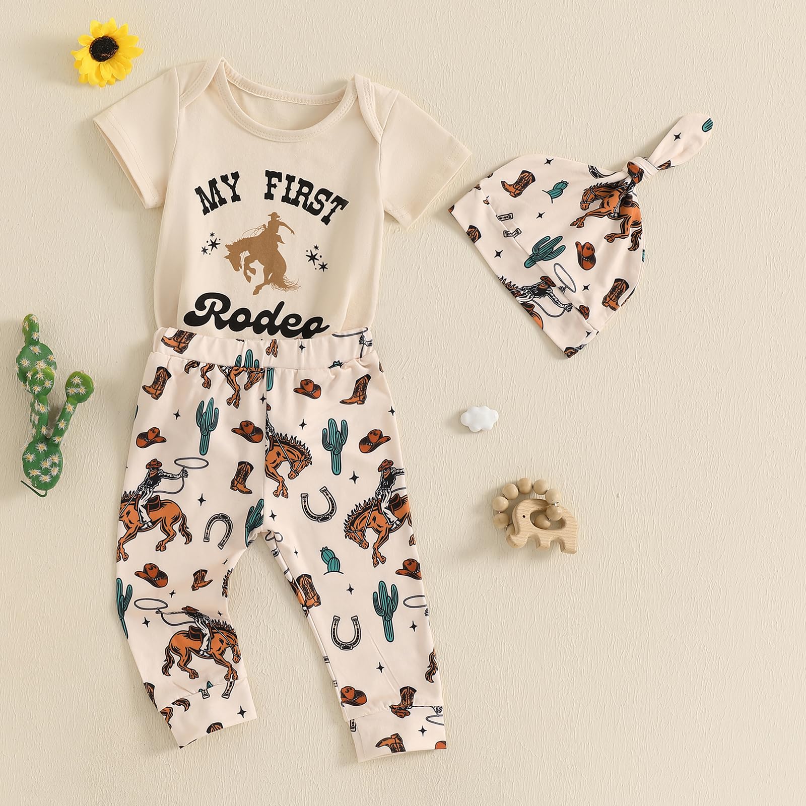 Gaono Western Newborn Baby Boy Cowboy Outfit Funny Letter Short Sleeve Romper+Long Pants+Hat Infant Country Clothes (Beige, 0-3 Months)