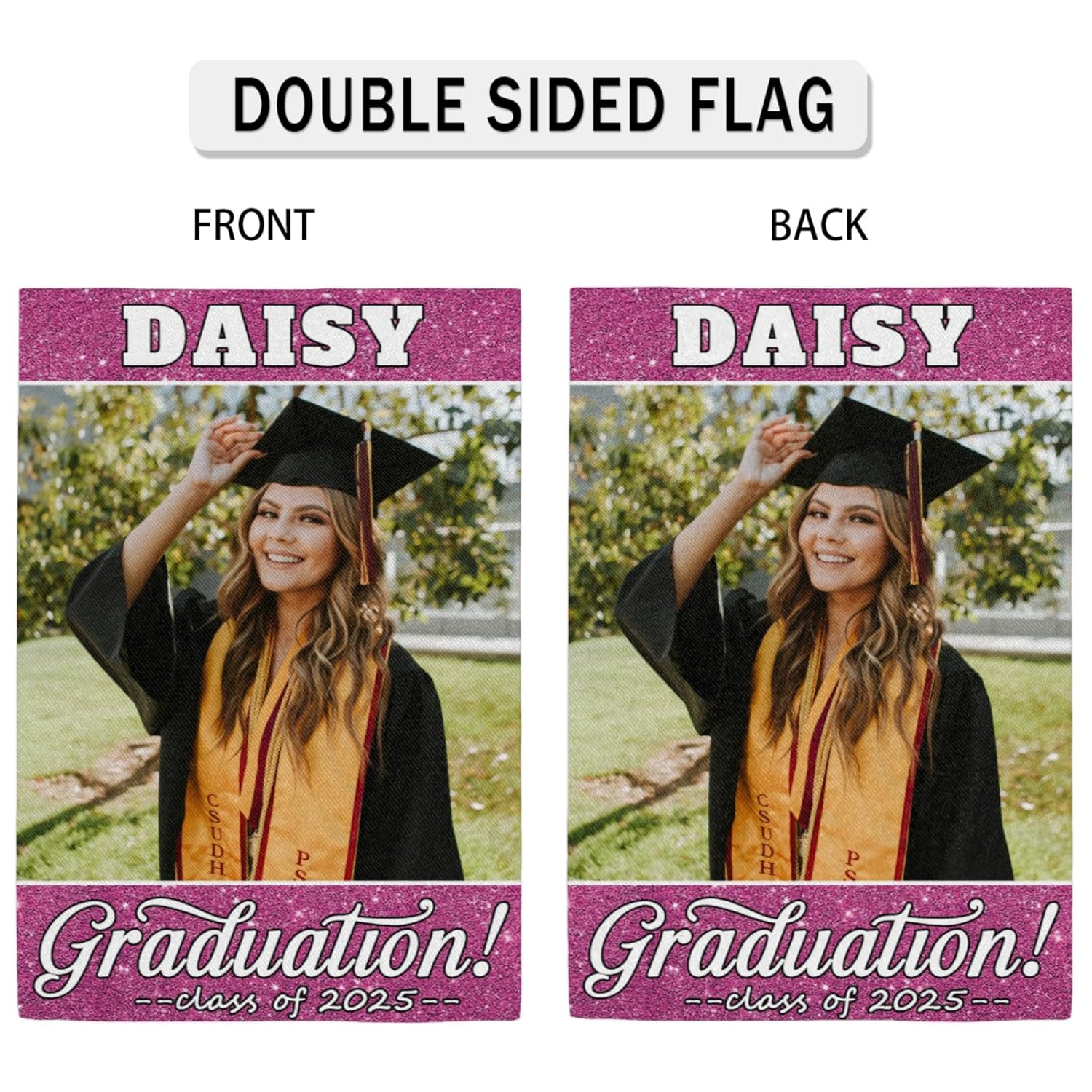 2025 Graduation-Garden-Flag Personalized, Custom Photo Name Grad Yard-Sign Congratulations Flag,for University Decoration Outside Lawn,Double Sided Fuchsia - Image 3