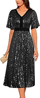 Women's Sequin V Neck Ruffle Sleeve Empire Waist Sparkly Glitter A Line Cocktail Formal Dresses - Buy now