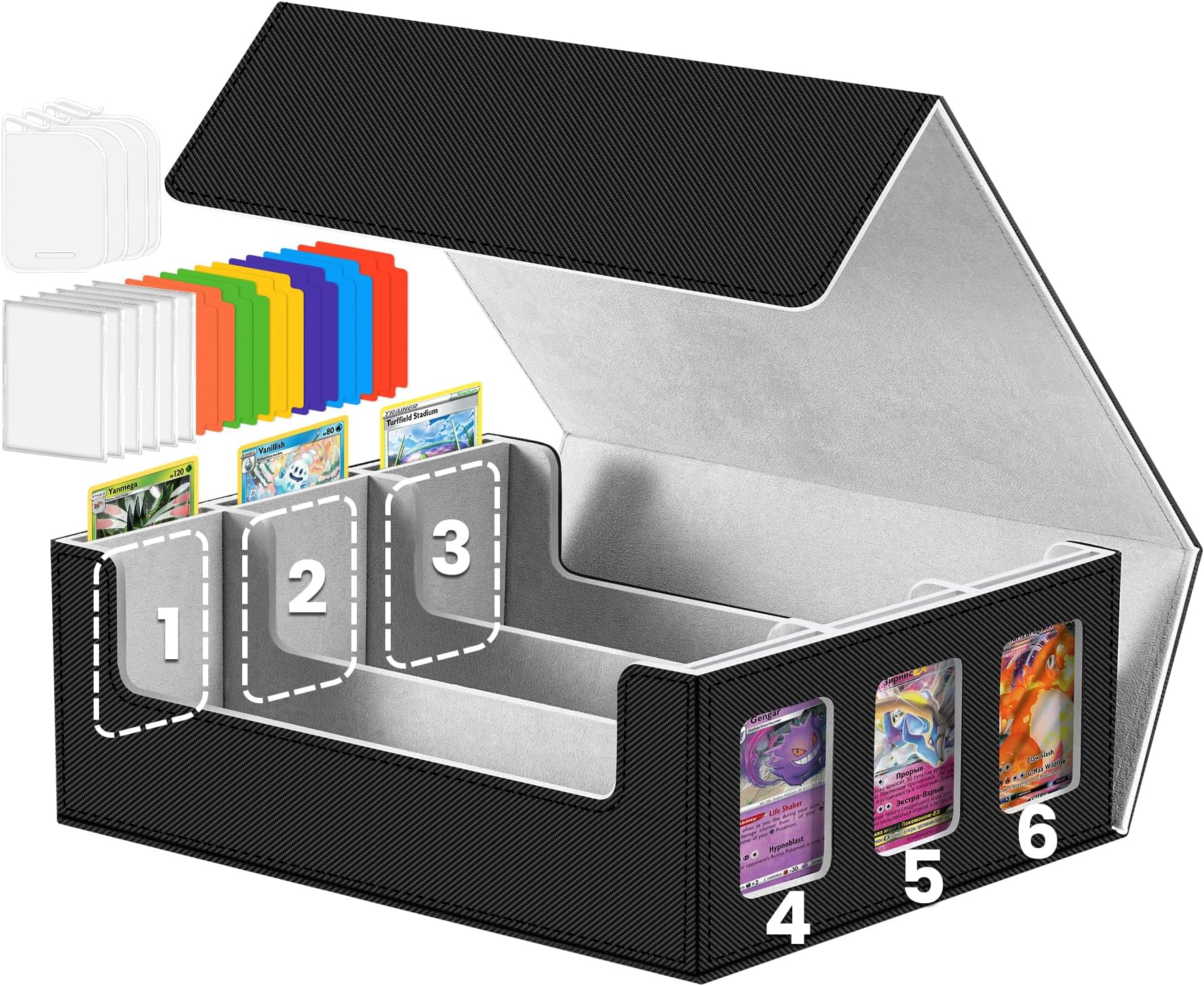 6-window Display Trading Cards Storage Box 2400+ TCG Commander Deck Case with 6 Card Holders for Magic the Gathering PTCG YuGiOh Sports MTG PKM with 12 Dividers 4 Supporters Black and Gray