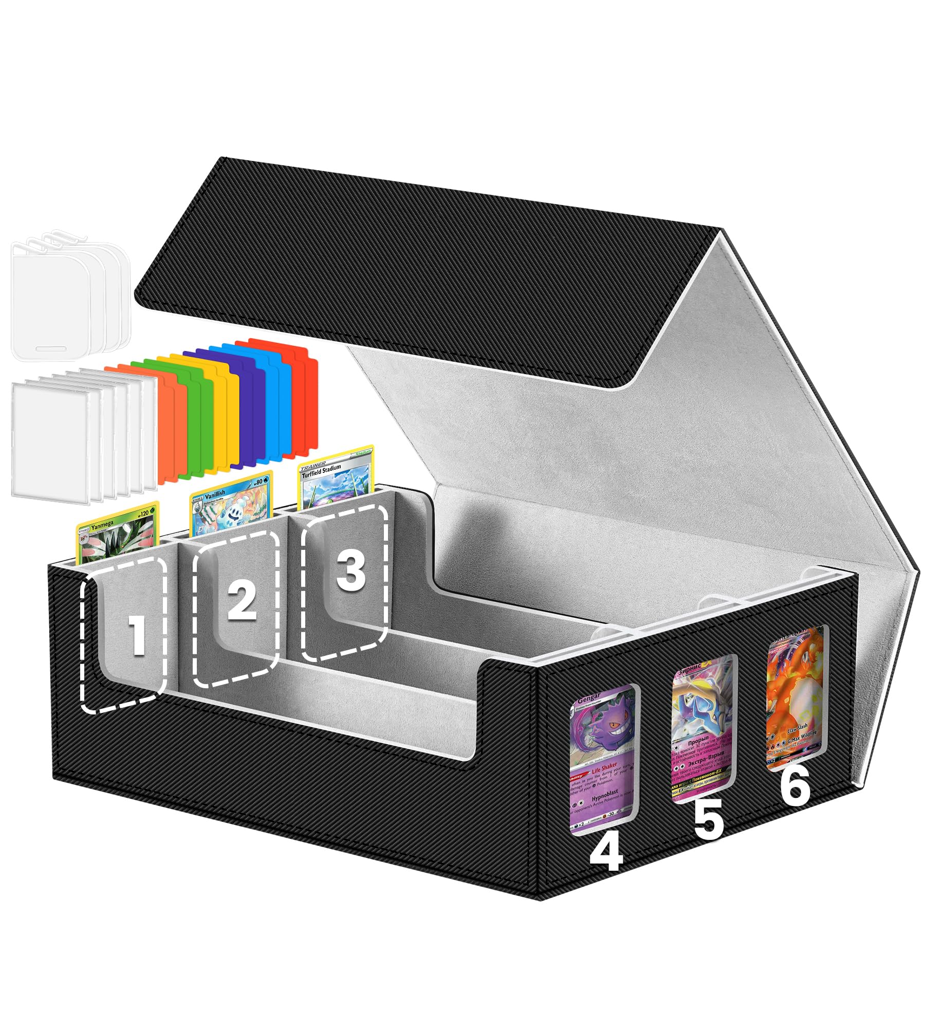 6-window Display Trading Cards Storage Box 2400+ TCG Commander Deck Case with 6 Card Holders for Magic the Gathering PTCG YuGiOh Sports MTG PKM with 12 Dividers 4 Supporters ﻿Black and Gray