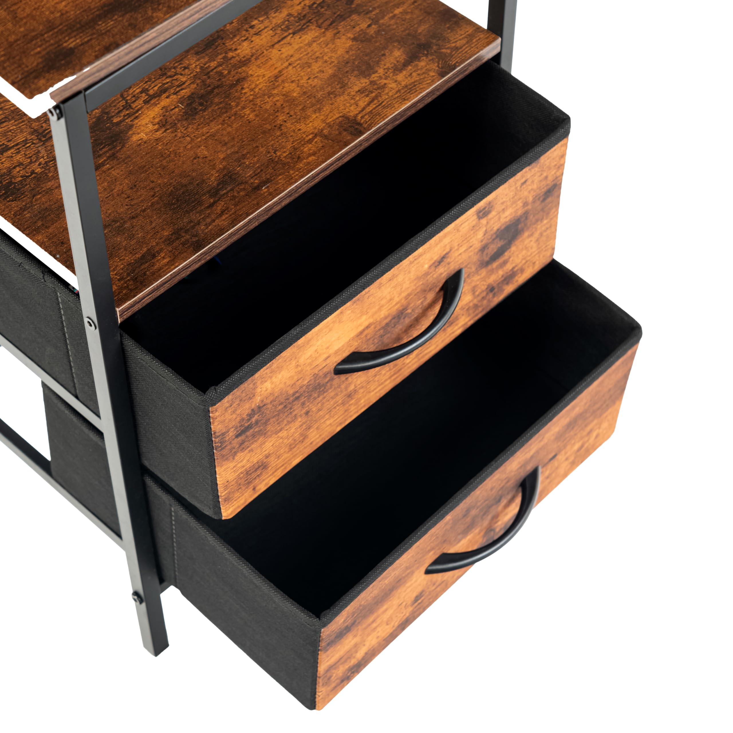 FurnitureR 2PCS Guéridons de Salon, Table D'appoint avec Multi-Coloured LED, 2 AC Sockets, 2 USB Ports of Drawers, 2 Tiroirs en Tissu, Style Industriel Rétro Marron, 40 x 30 x 60cm