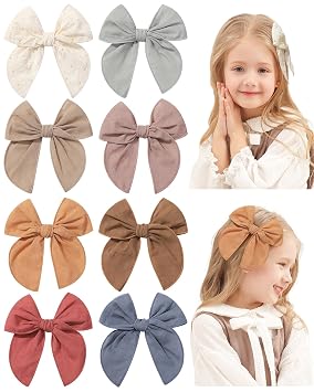 Doboi 8PCS Baby Girls Hair Clips Fable Hair Bows Cotton Linen Bows for Girls Hair Accessories for Baby Toddlers Kids Includes Beige Cutout Hair Clip