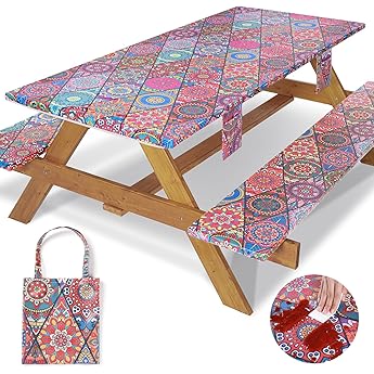 Picnic Table Cover with Bench Covers Fitted Wrinkle Free Camping Table Cloths Hiking Glamping Supplies Travel Trailers Cooking Essential Holiday Festival Decor Gifts for Adult Who Want Nothing
