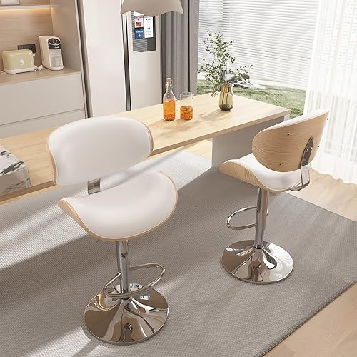 Miniatura 9 de Juego de 2 taburetes de bar para isla de cocina con respaldo de madera curvada y asiento de cuero, taburetes de bar giratorios para encimera de