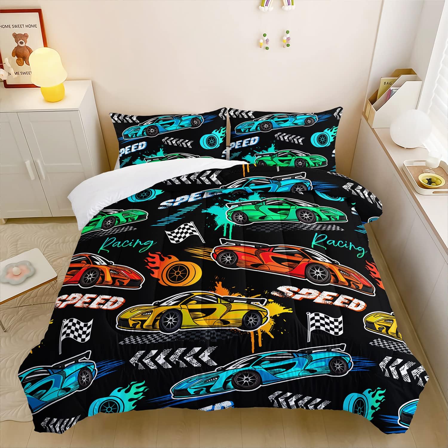 Hosima Child's Cartoon Sports Car 3Piece Set with 2 Pillowcases, Racing Car Bedding for Boys and Girls, Fast and Furious Extreme Sport Games Comforter, Black Comforter Full Size - Image 4