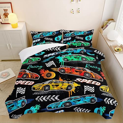 Miniatura 4 de HOSIMA Juego de edredón infantil de 3 piezas con 2 fundas de almohada, ropa de cama de automóvil de carreras para niños y niñas, edredón de juegos