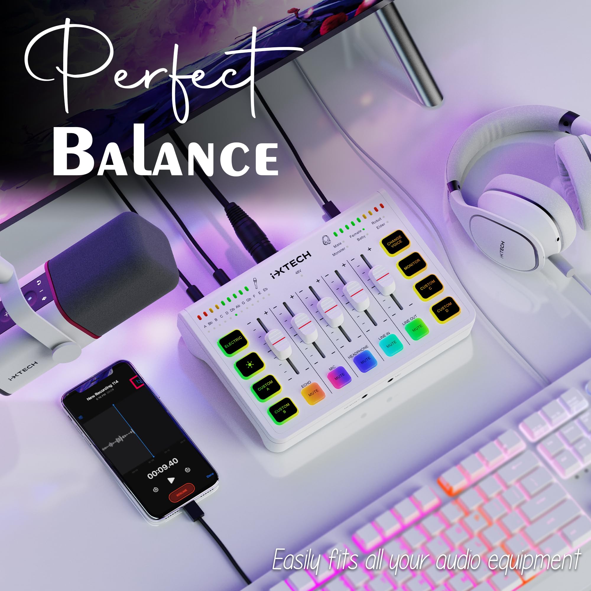 IXTECH Mezclador de audio para juegos de 4 canales, interfaz de audio RGB para PC con soporte de micrófono XLR, ecualizador de audio para juegos, podcast, streaming, karaoke, controles de volumen
