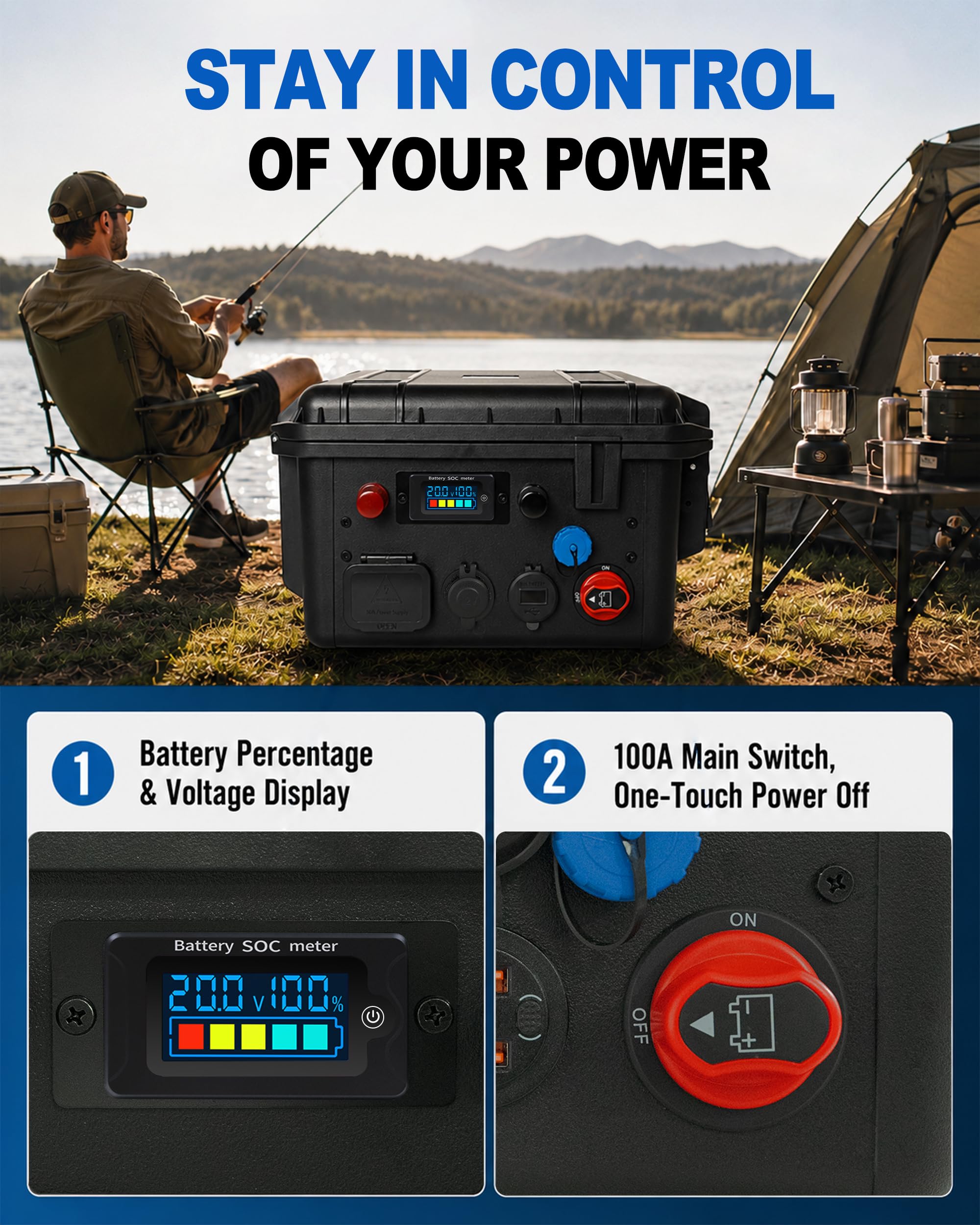 Tragbare Batteriebox für Gruppe 24 Batterien, wasserdichte Marine & RV Batteriebox mit mehreren Anschlüssen, Spannung & Batterieanzeige, für Trolling Motor, Camping, Yacht, Solar und Off-Grid Power