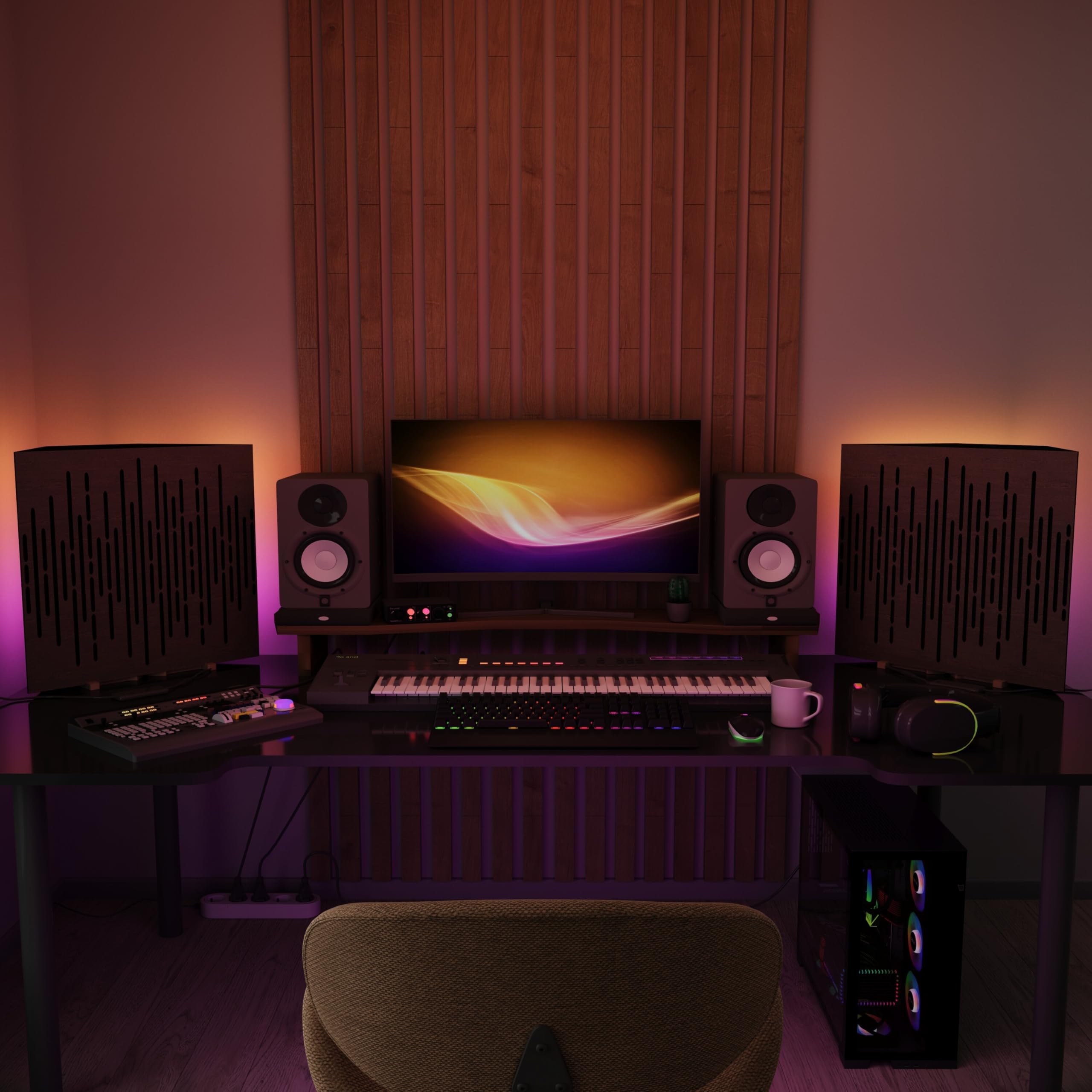Akustik-Bassfalle "WAVE" mit RGB-Schreibtischlampe, mobiler Ständer mit LED-Tischfuß, für Podcast-Studios und Spielzimmer, 50 x 50 x 15 cm, Farbe: Wenge
