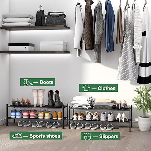 Vista 39 de Zapatero de bambú para entrada, apilable de 2 niveles, plegable, natural, organizador de zapatos para armario de pasillo, zapateros independientes