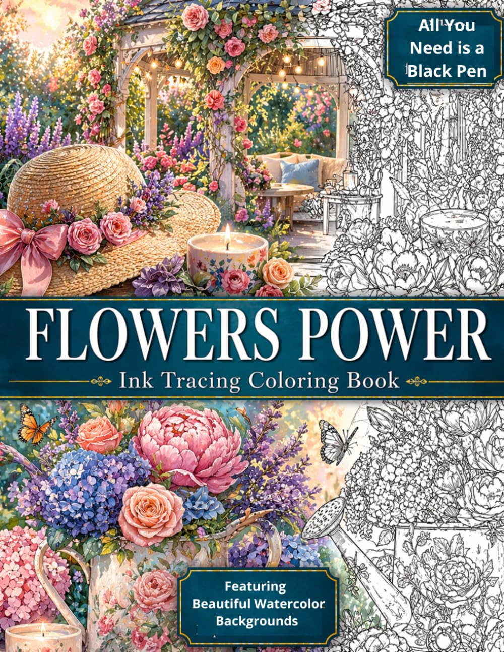 Ink Tracing : Flowers Power: A Reverse Watercolor Coloring Book for Adults: Ultra-Light Contours for Relaxing Pen Tracing and Botanical Art Therapy