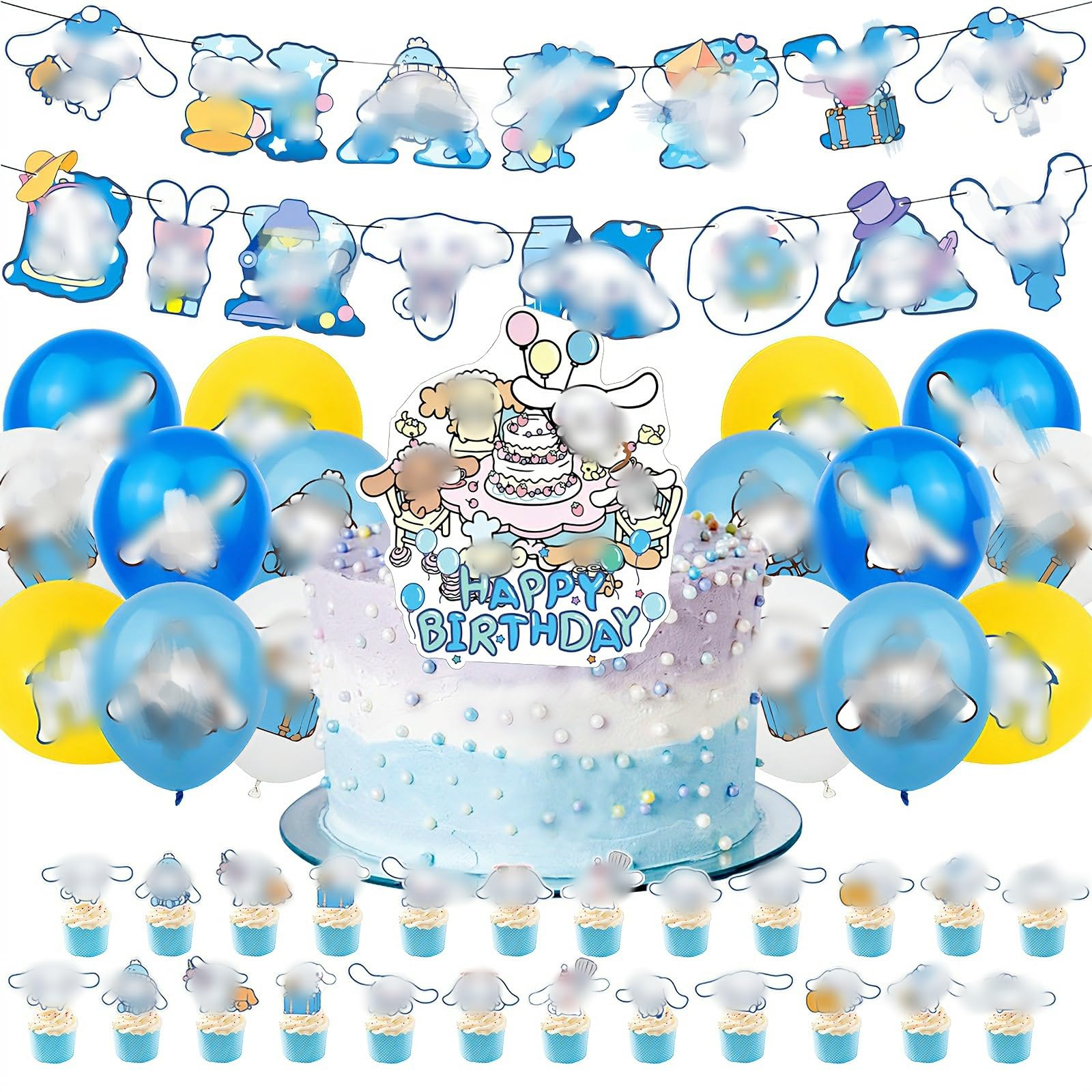 46PCS Cartoon Birthday Party Decorations, Party Supplies Include Birthday Banner Cupcake Toppers Latex Balloons Cake Topper Kids Boys Girls
