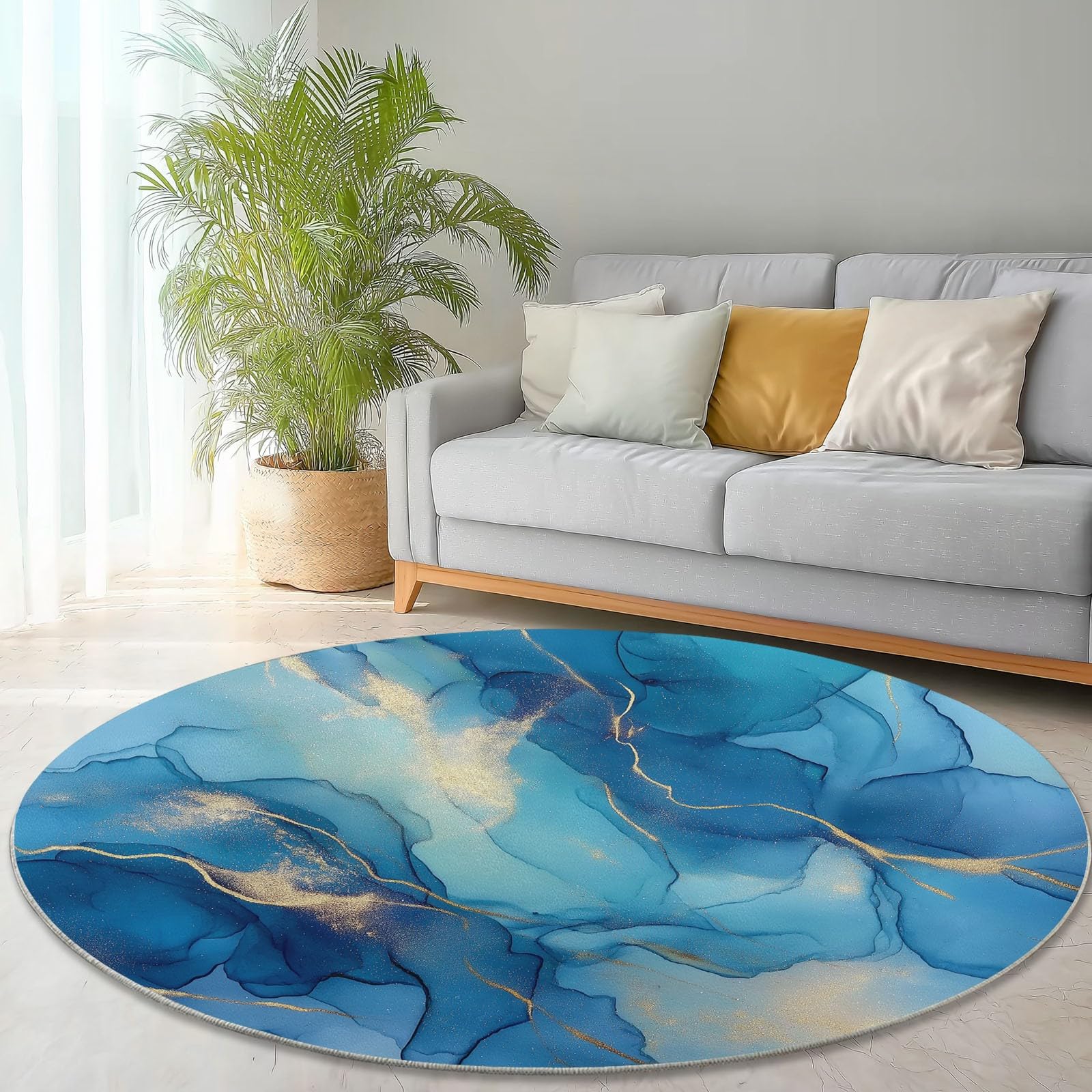 Generisch Teppich Rund 160 cm Abstrakter Eleganter Marmor, rutschfest Teppiche Wohnzimmer, Runder Waschbar Rund Teppiche Kurzflor, Weich Runder Teppich Blau Gold for Wohnzimmer Schlafzimmer Studie