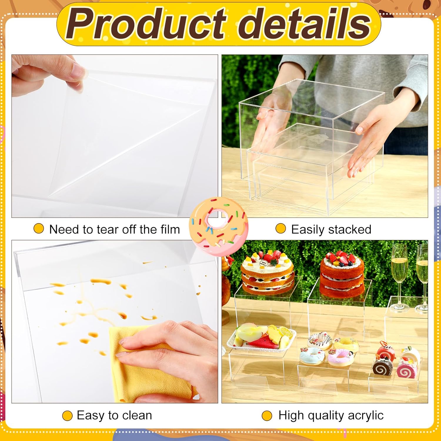 8 Pcs Acrylic cube Riser with 8 Signs Clear Buffet Riser Acrylic Cake Dessert Stand 6/6.5/ 7/ 8inch for Food Display Dessert Table Nesting Acrylic Stand with Hollow Bottom for Wedding Party