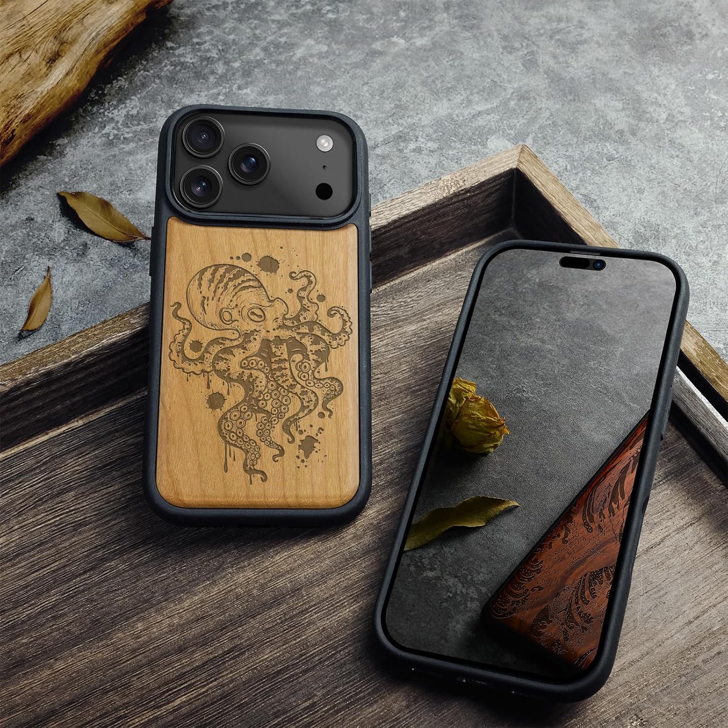 Carveit Magnetic Wooden Case for iPhone 17 Pro Max Case, Wood Artisan Engraved & Black Soft TPU Shockproof Cover, Compatible with MagSafe Wireless Chargers (Inked Octopus Art) Cherry