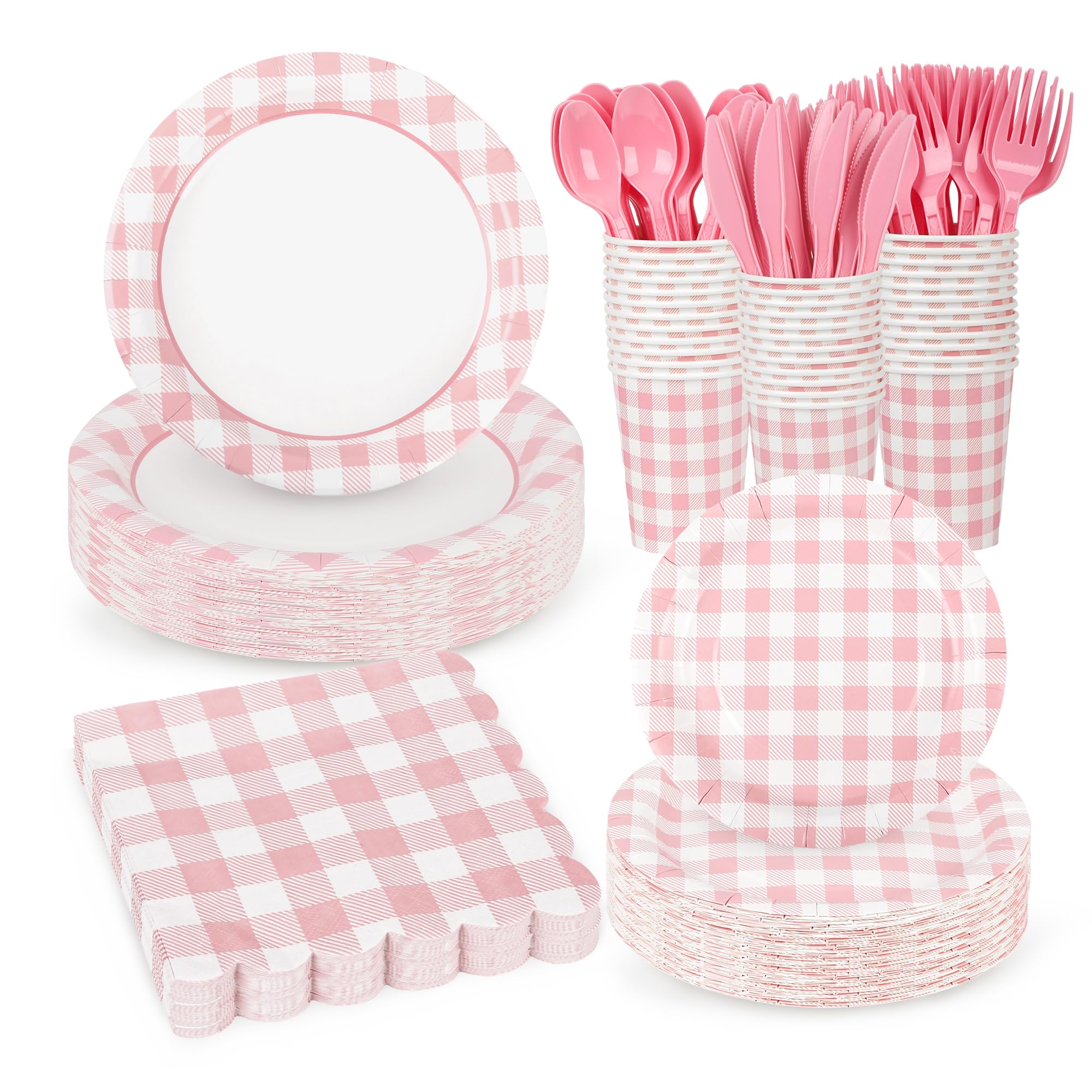 175Pcs Pink Gingham Party Supplies Pink Gingham Paper Plates and Napkins Cups Checkered Plates Disposable LightPink and White Plaid Party Decor for Birthday Family Fall Picnic BBQ,Serves 25 Guests