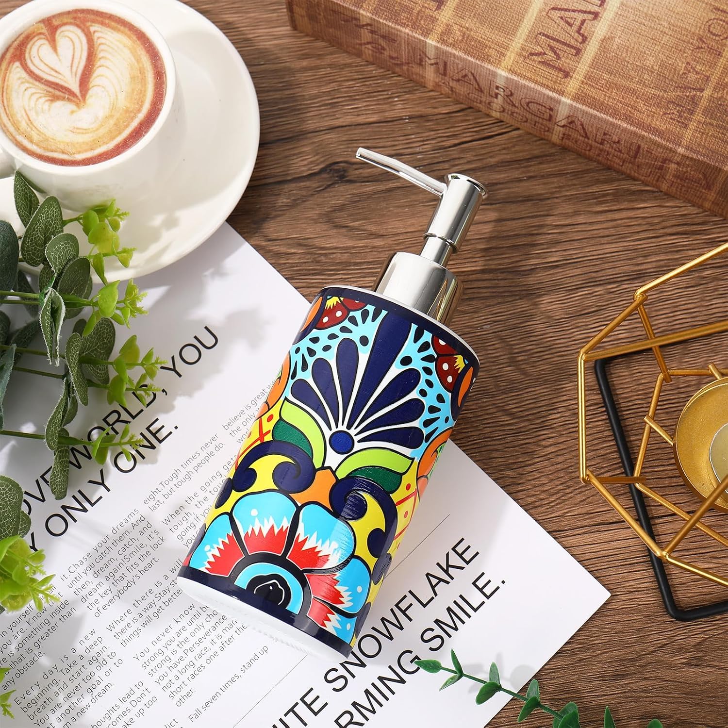 FYSUIMU Bohemian Soap Dispenser Mexican Talavera Floral Glass Dispenser with Pump Retro Refillable Liquid Soap Container for Kitchen Bathroom Countertop Decor