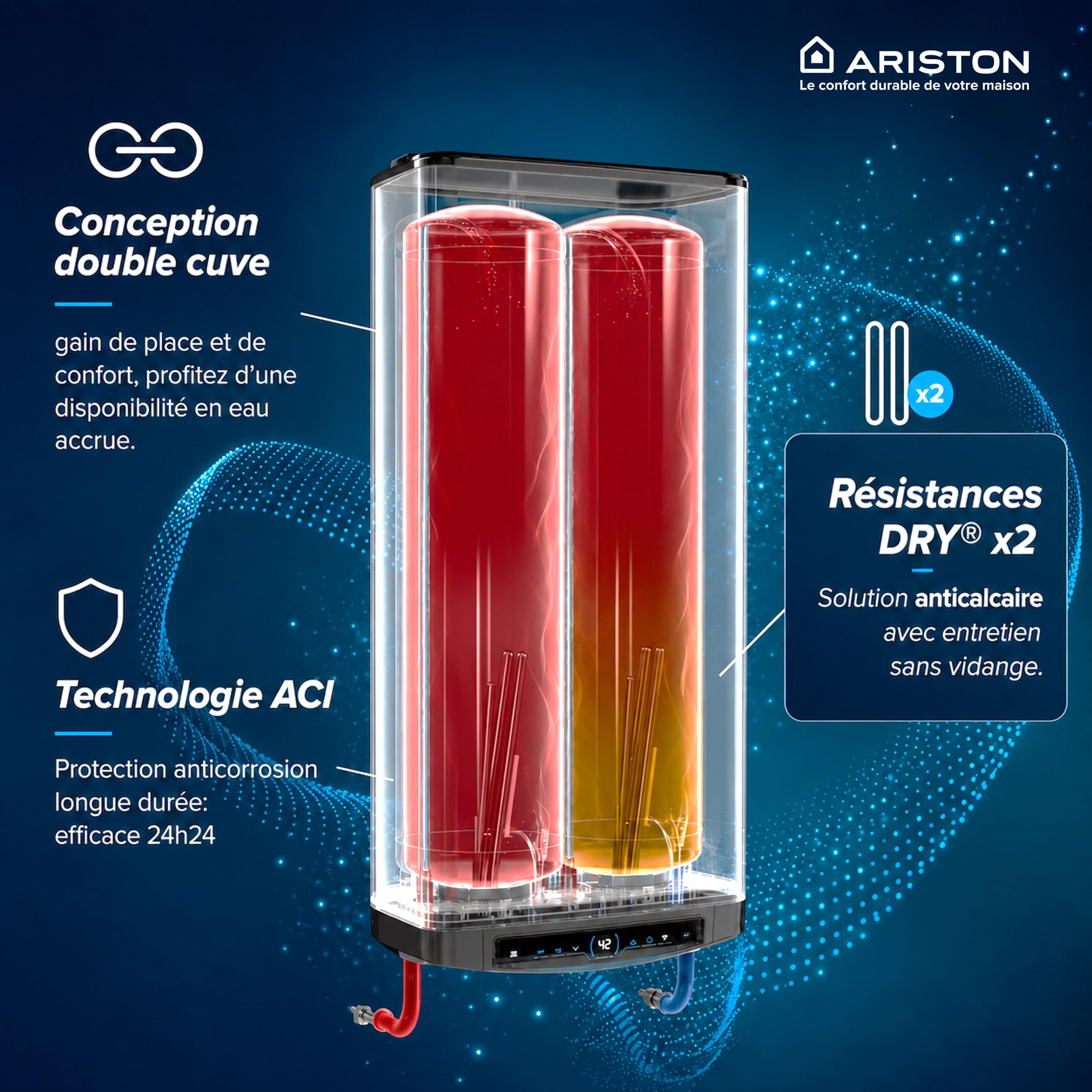 Ariston Velis Evo Dune Dry Wifi, calentador de agua plano eléctrico 65L, instalación en Francia, flexibilidad energética, pantalla táctil. Colocación vertical horizontal, ultraplana, 27 cm.