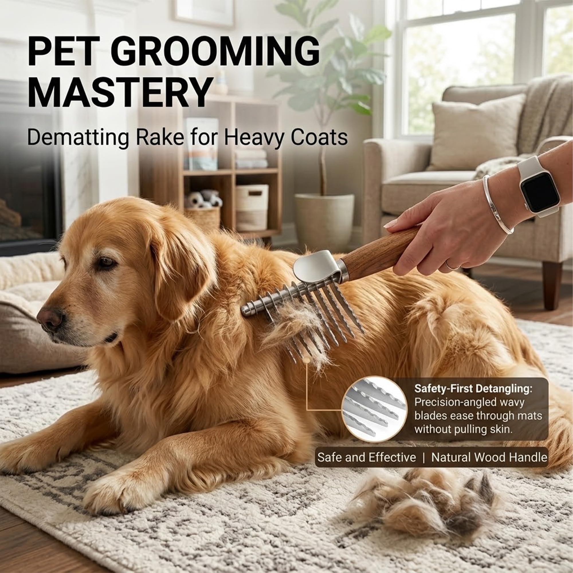 Cepillo largo para perros para caniches, garabatos dorados y gatos, kit de aseo de 3 piezas con peine para desenredar y peine para mascotas, mango de madera grande para eliminar el pelo