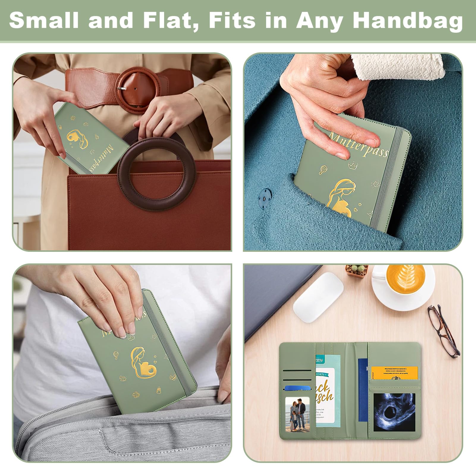 Funda para pasaporte de maternidad de piel sintética, para carné de maternidad (9 compartimentos), color verde