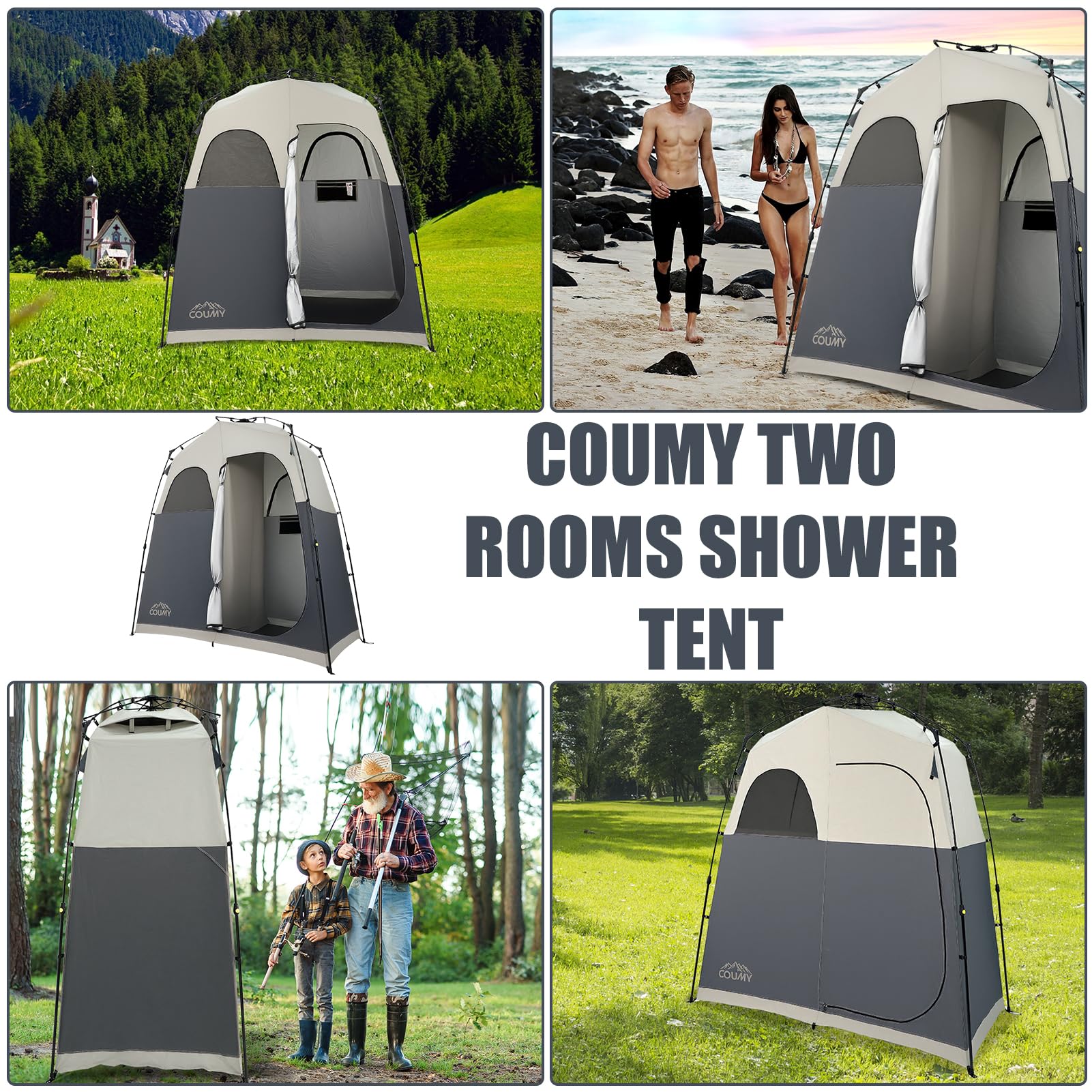 Coumy 2 Rooms Camping Shower Tent Privacy Shelter,Portable Outdoor Shower,Changing Room,Sun Shelter for Camping,Beach Hiking,and Fishing,Black : Sports & Outdoors