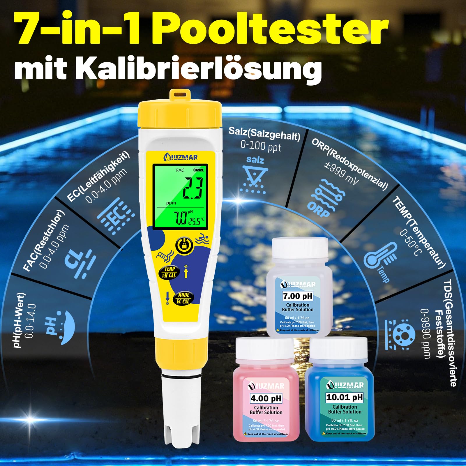 UIUZMAR Digitales pH und Chlor Messgerät Pool, 7-in-1 pH Salztester für Salz Pool mit Gleichzeitiger Anzeige, Multifunktionales pH Salzgehalt EC TDS ORP Messgerät Für Whirlpool Spa Schwimmbad