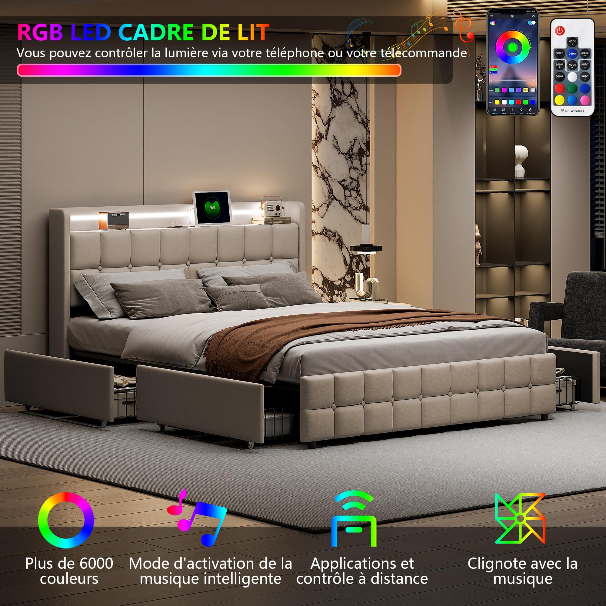 Cama Acolchada de 180 x 200 cm, Cama Funcional con 4 cajones, Cama Doble tapizada, cabecero con Carga USB y iluminación LED, Estructura de Cama de con Almacenamiento, Beige
