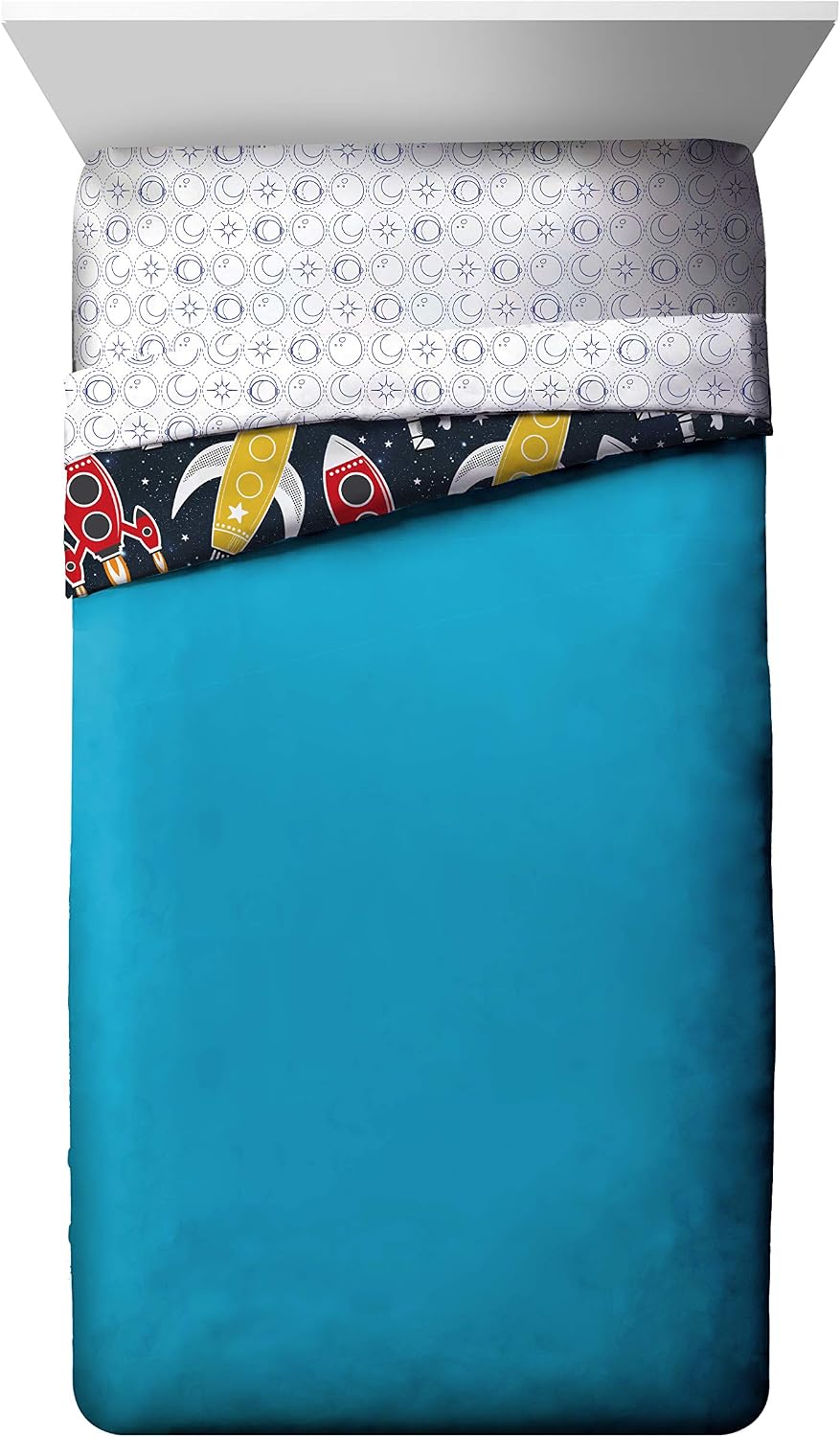 Jay Franco Space 4 Piece Twin Bed Set - Includes Comforter & Sheet Set- Bedding Features Spaceships & Rocketships - Super Soft Fade Resistant Microfiber