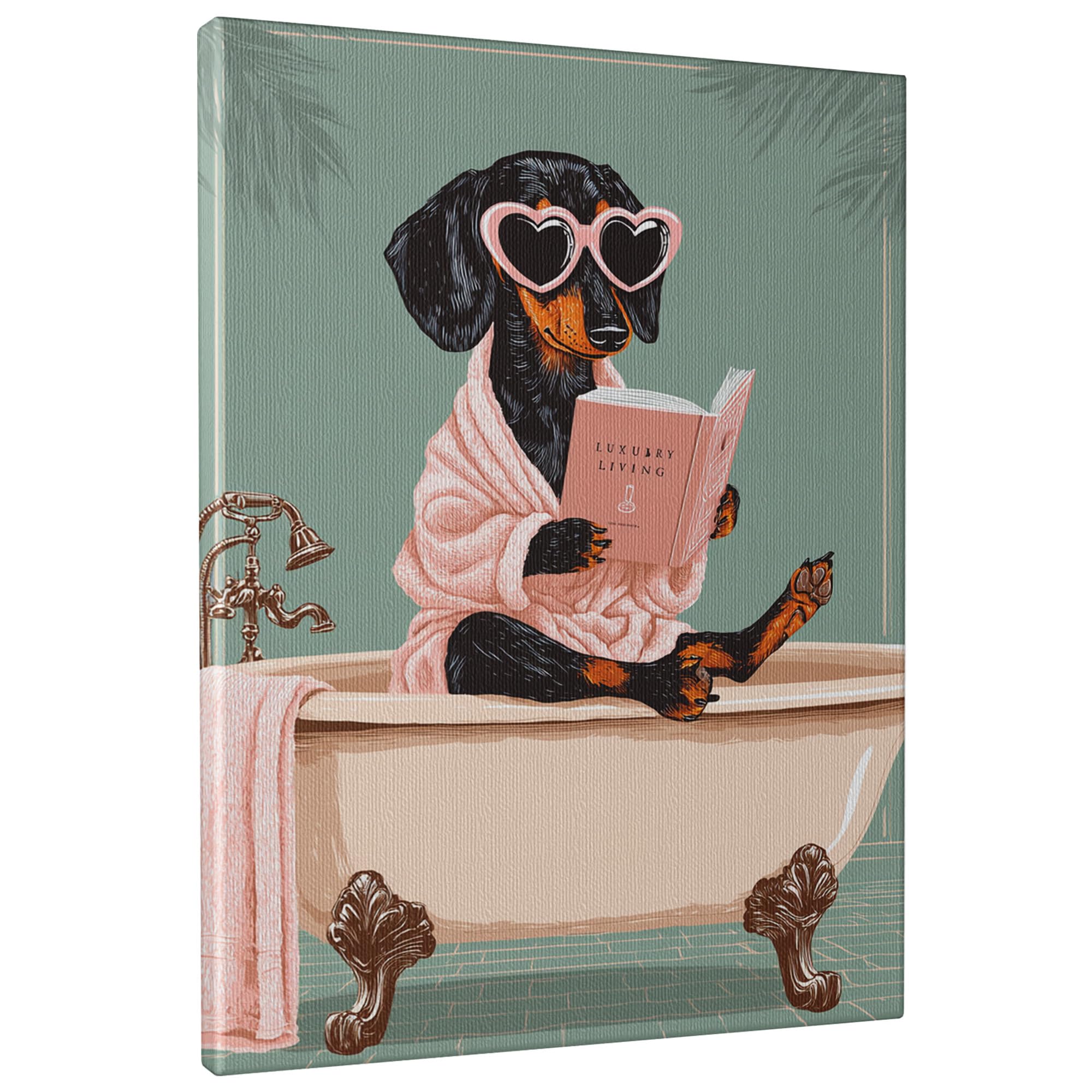 Dachshund in Bathtub Canvas Wall Art, Peach Black Dog Reading 'Luxury Living' Poster Prints, Fun Dog Themed Home Aesthetic Decor For Living Room, Bedroom, Bathroom, Wrapped Canvas 12x16 Inch