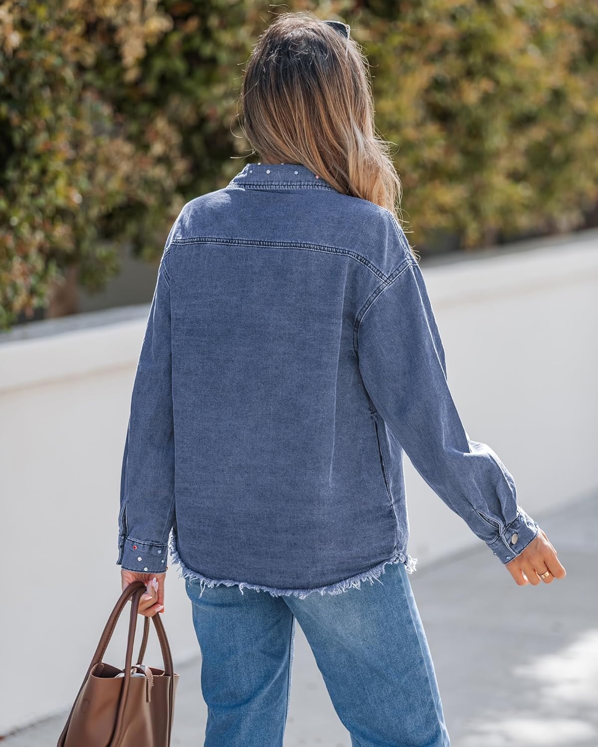 luvamia Jean Jacket Women Trendy Rhinestones Pearls Embellished Sparkly Frayed Hem Oversized Denim Jackets with Pockets - Image 2