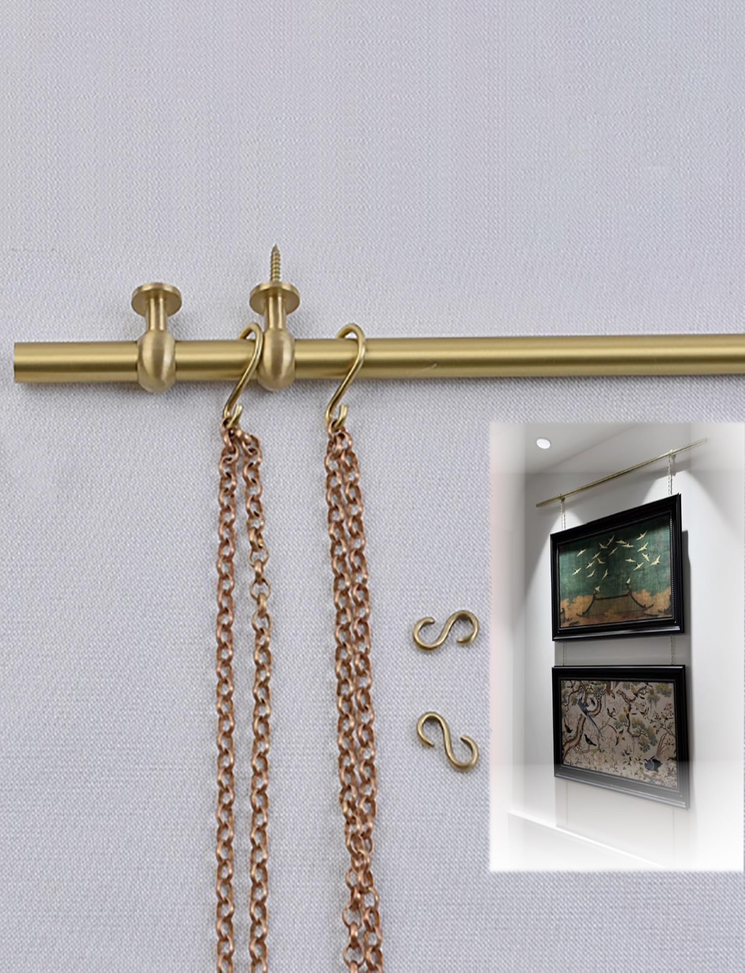 Sistema para colgar cuadros con ganchos y cadenas ajustables, pista de arte de pared de 190 cm para el hogar, galería, exhibiciones de museos e instalación de rieles de fotos