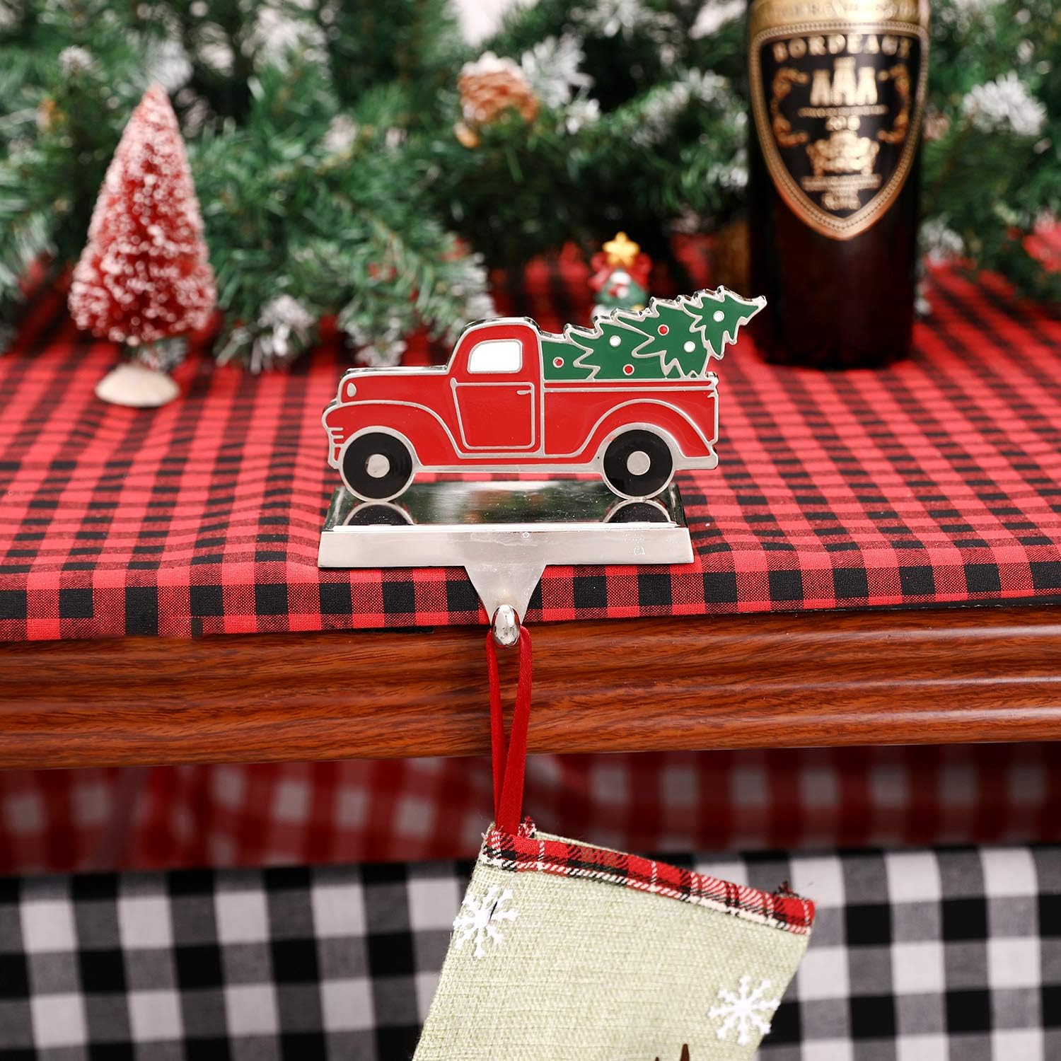 2 Set Red Truck Christmas Truck Stocking Holder Heavy Weighted Stocking Holders for Mantle for Fireplace Mantle Stocking Hanger Hook Fireplace Holiday Red Truck Christmas Decor (N-Truck, 2)