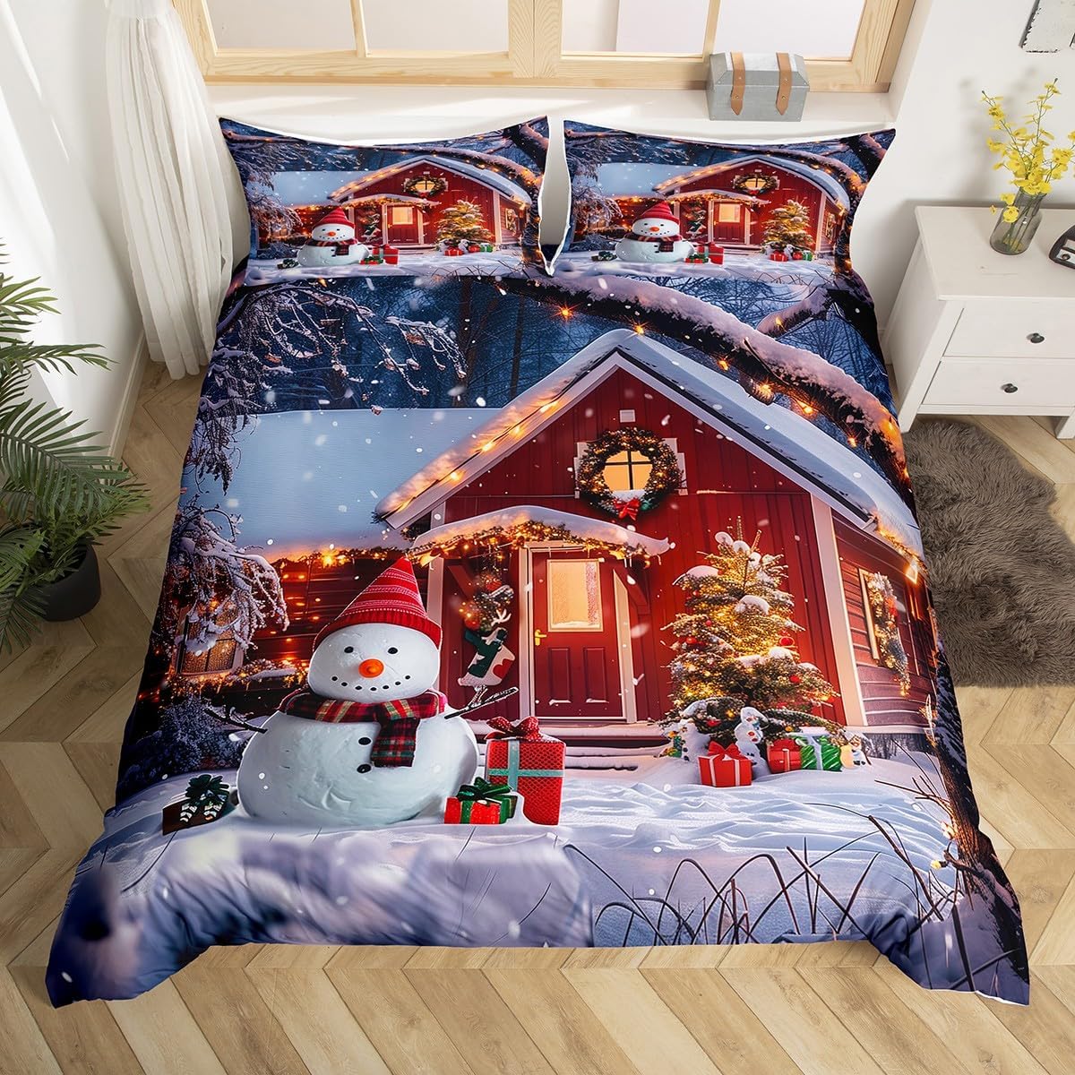 Happy New Year Bedding Set Toddler Size Merry Christmas Duvet Cover for Boys Girls Kids Snowman Winter Themed Comforter Cover Christmas Decorations Bedspread Cover Christmas Eve Bedding