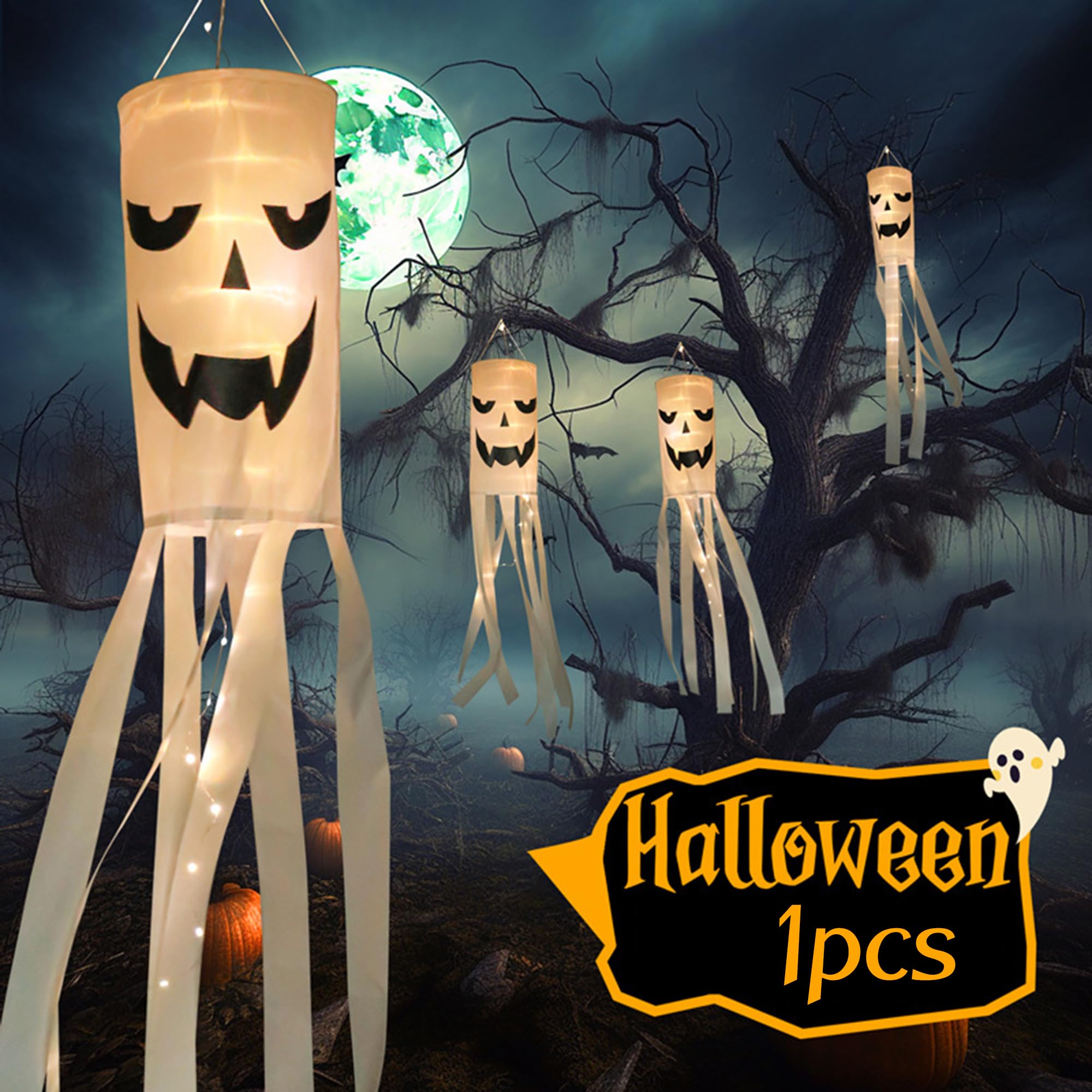 175CM Halloween Decoracion de Fantasma,Decoración Halloween Cráneo Colgante,Bandera Fantasma con Luces LED Decoración Halloween para la Fiesta de Halloween Vacaciones, Exterior, Patio