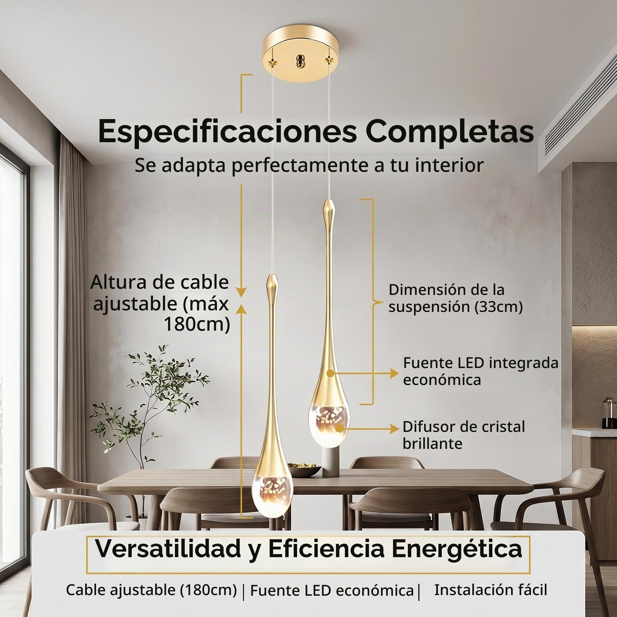 Lámpara Colgante LED 10W Creativa Moderna Luz Colgante de Gotas de Agua, 2 luces Lámpara de Techo Cristal Araña de techo para Salón Restaurante Escalera, Luz Cálida
