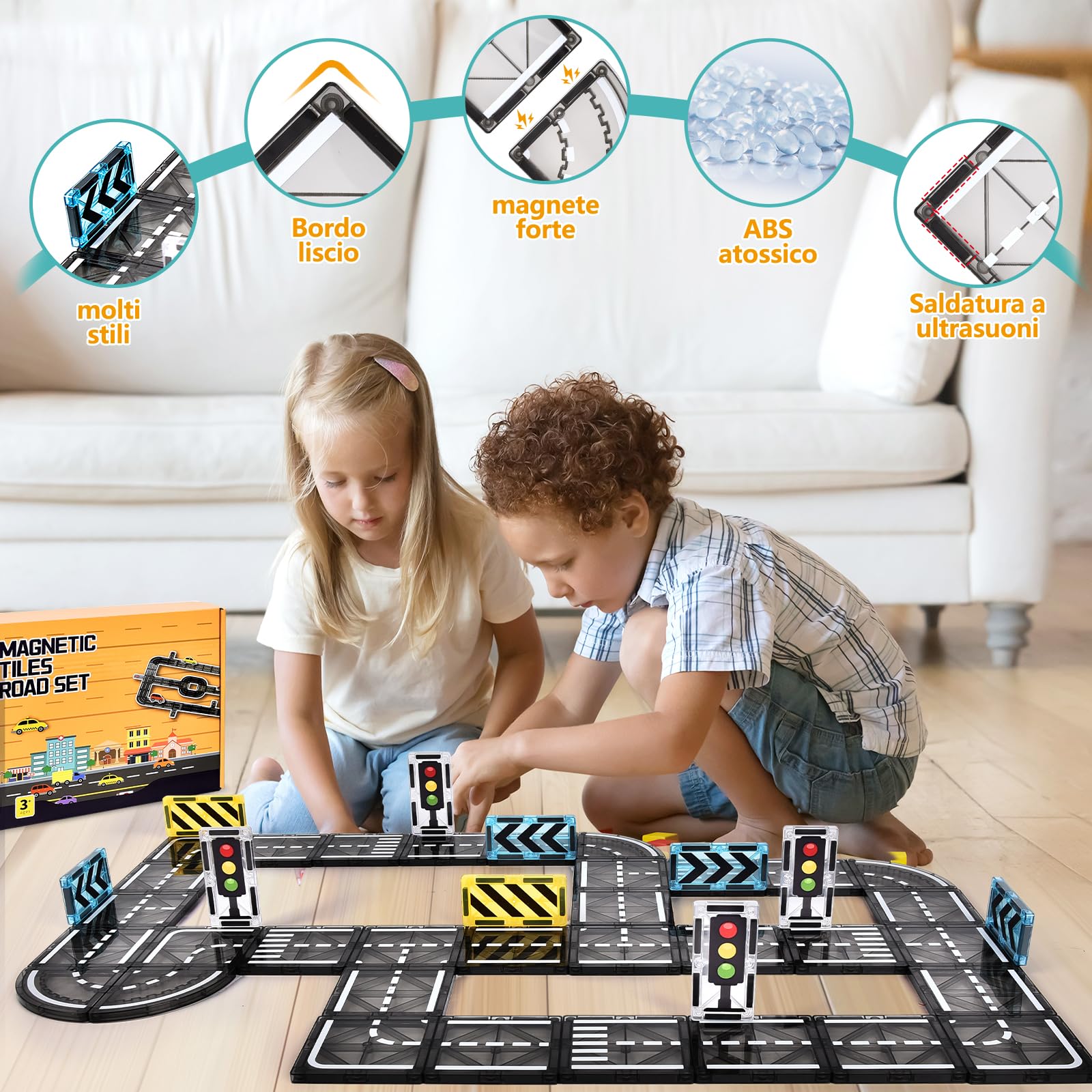 BuzzoXerex Costruzioni Magnetiche Strade, Piastrelle Magnetiche Bambini 50 pezzi, Tessere Magnetiche Blocchi Magnetici Giocattoli Costruzioni Regalo Bambino 3-4 anni