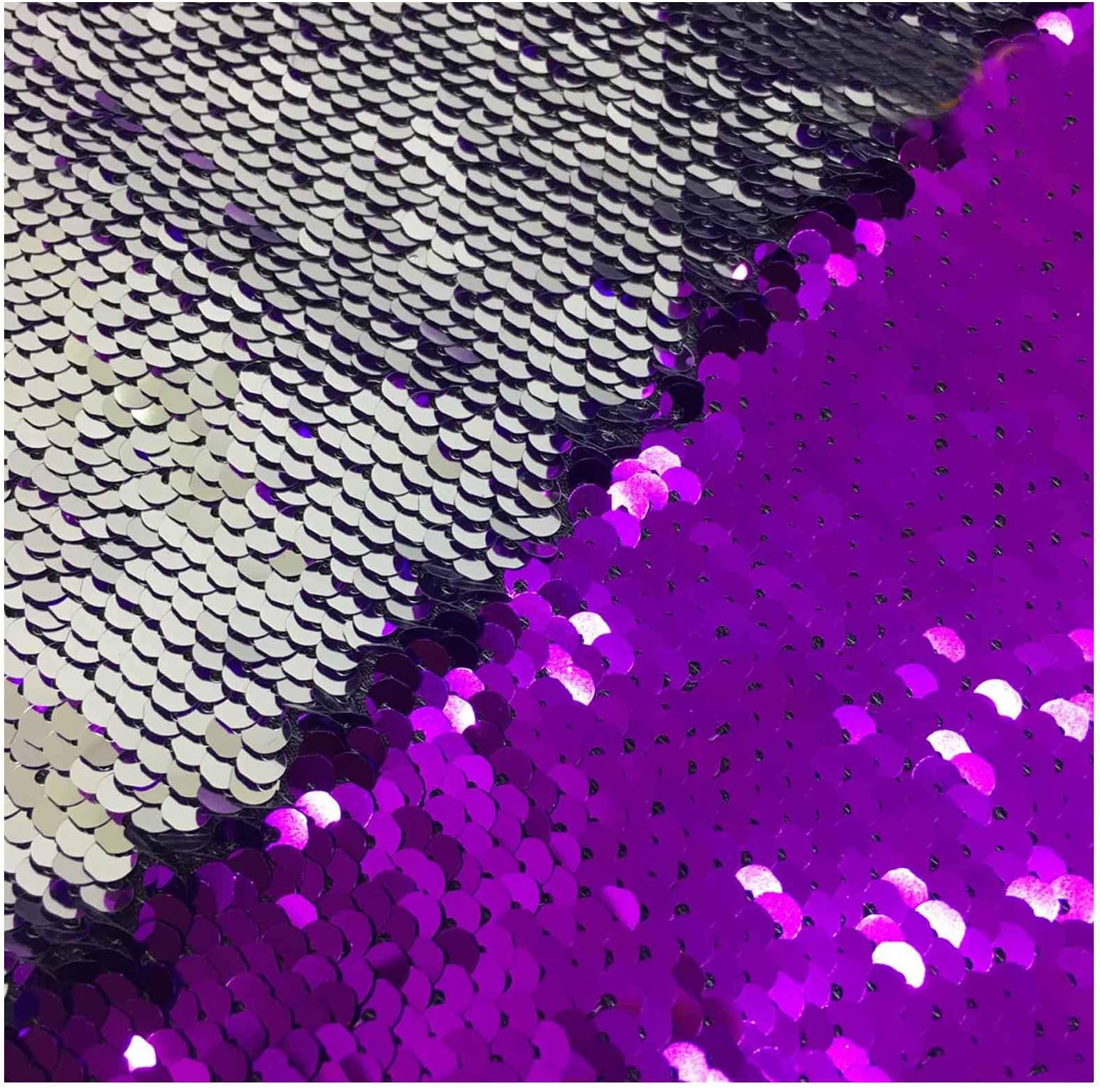 LQIAO Sequin Fabric Reversible Purple Silver Two Tone Flip Up Shimmer Fabrics Glitz Sequin Mermaid Sequin Fabric for Bridal Gown/Dress/Evening Costume Dress Pillow Cushion Cover