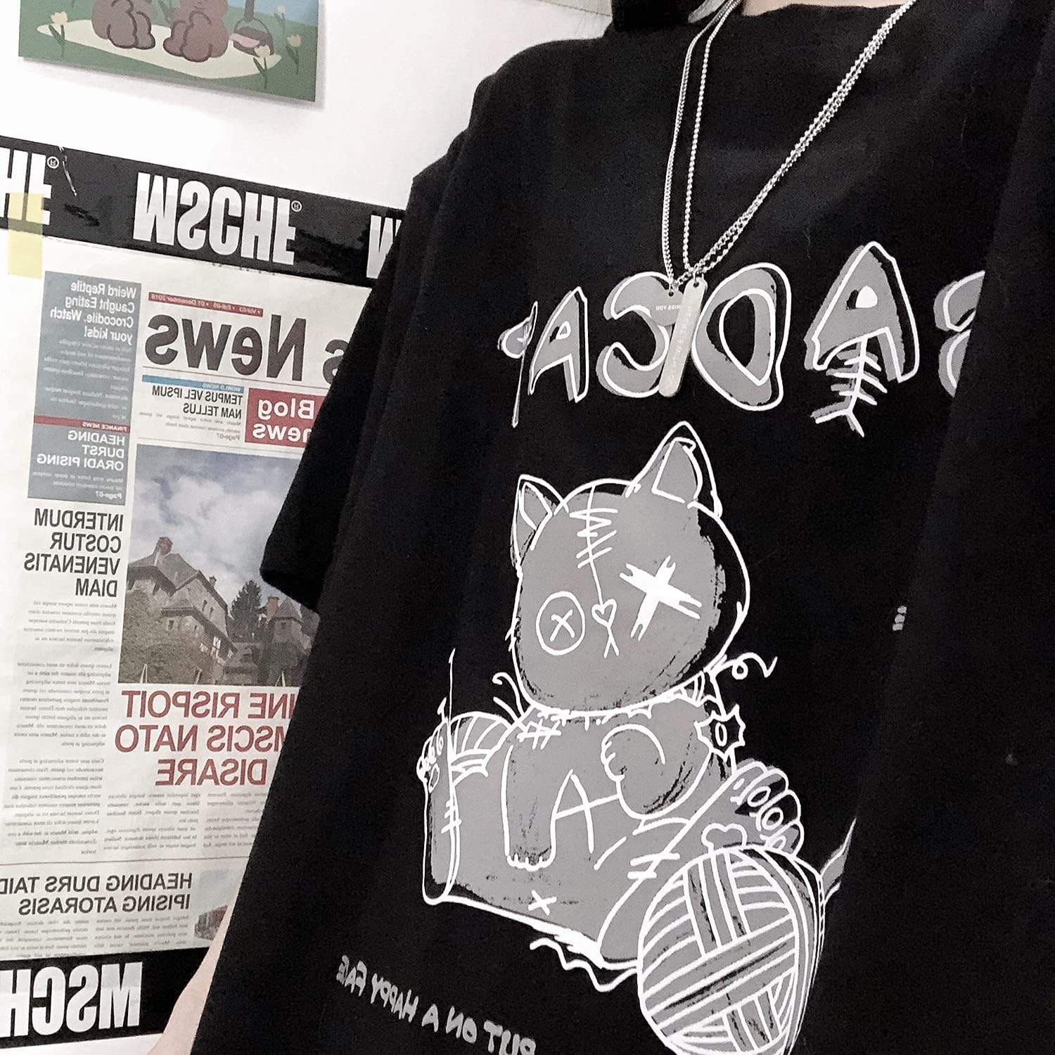 Women's Goth T-Shirt Summer Graphic Harajuku Gothic Creepy Cat Print Novelty Short Sleeve Top - Image 3